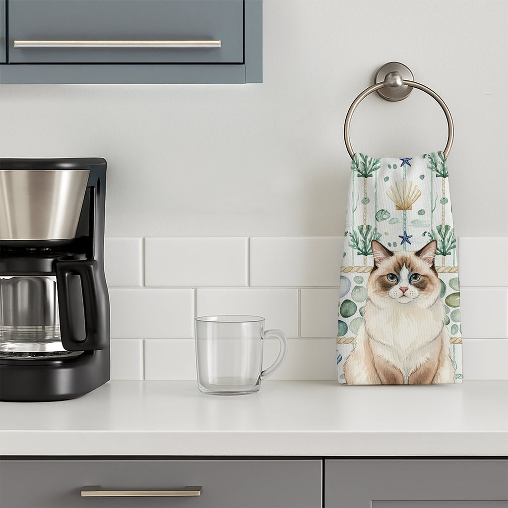 Ragdoll Bicolor Cat Coastal Sea Glass Kitchen Towel Velour Plush Front and Cotton Loop Back Machine Washable
