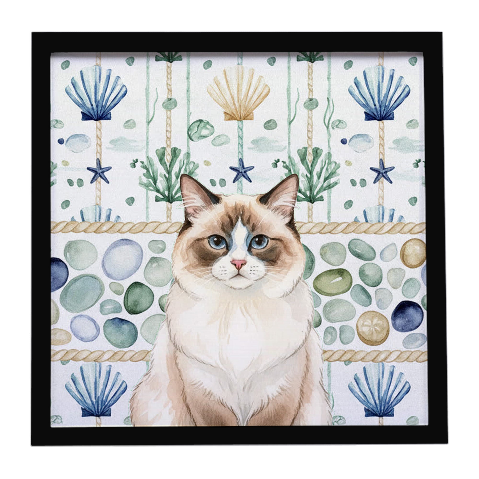 Ragdoll Bicolor Cat Coastal Sea Glass Framed Metal Print Bathroom, Kitchen, Office, Home Decor Wall Art Ready to Hang, Square, 8X8