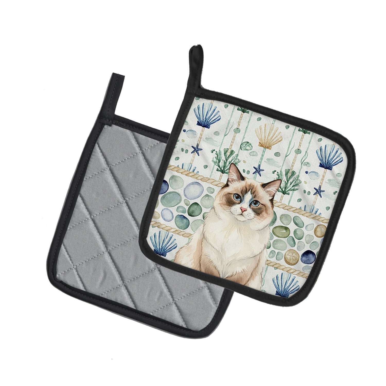 Ragdoll Bicolor Cat Coastal Sea Glass Pot Holder Set of 2 Heat Resistant Quilted Hot Pads 7.5 x 7.5 Inch, Insulated Kitchen Trivets for Cooking & Baking