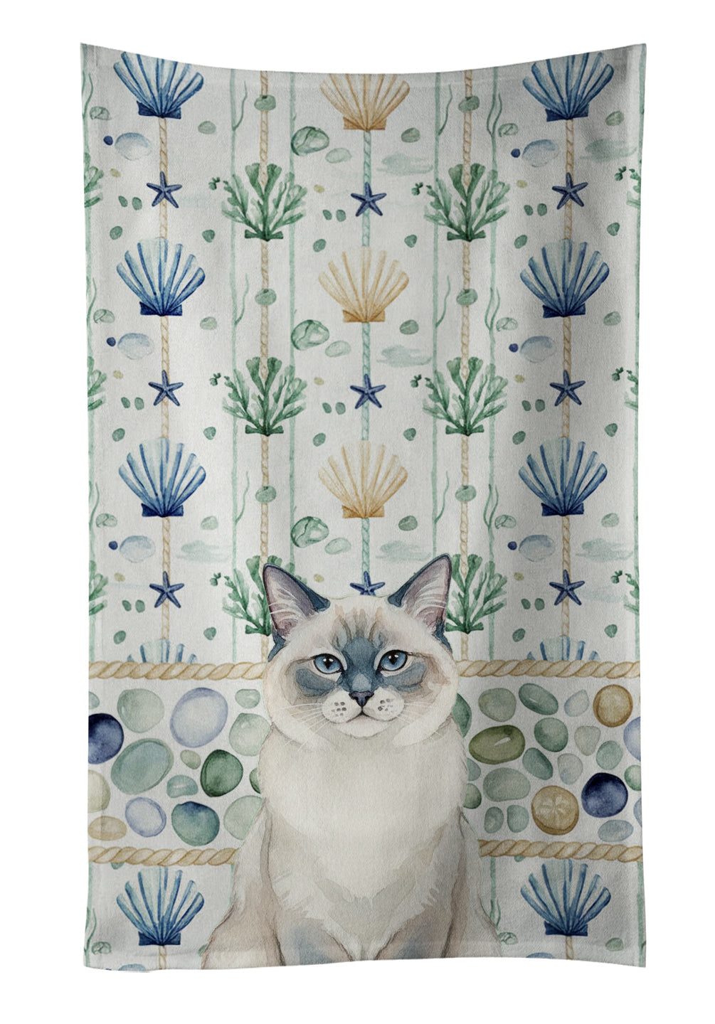 Ragdoll Blue Point Cat Coastal Sea Glass Kitchen Towel Velour Plush Front and Cotton Loop Back Machine Washable