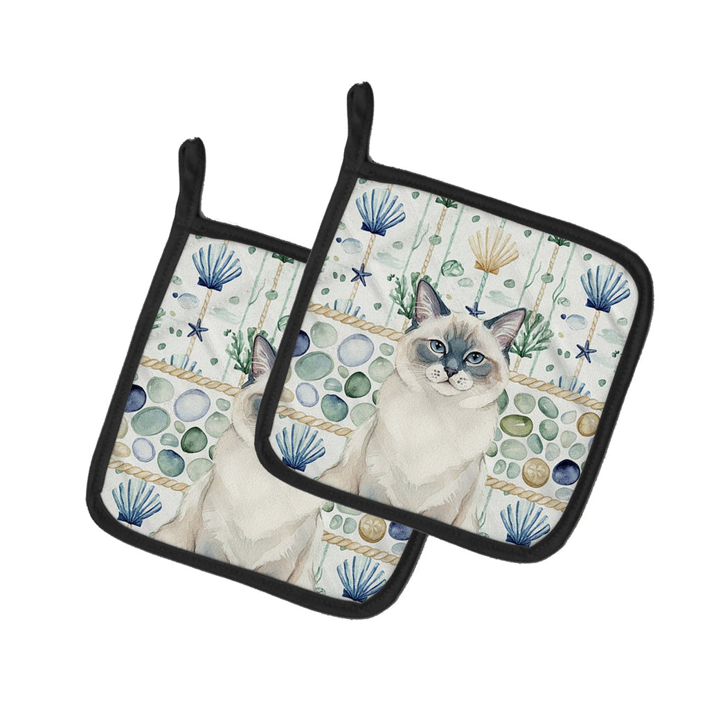 Ragdoll Blue Point Cat Coastal Sea Glass Pot Holder Set of 2 Heat Resistant Quilted Hot Pads 7.5 x 7.5 Inch, Insulated Kitchen Trivets for Cooking & Baking