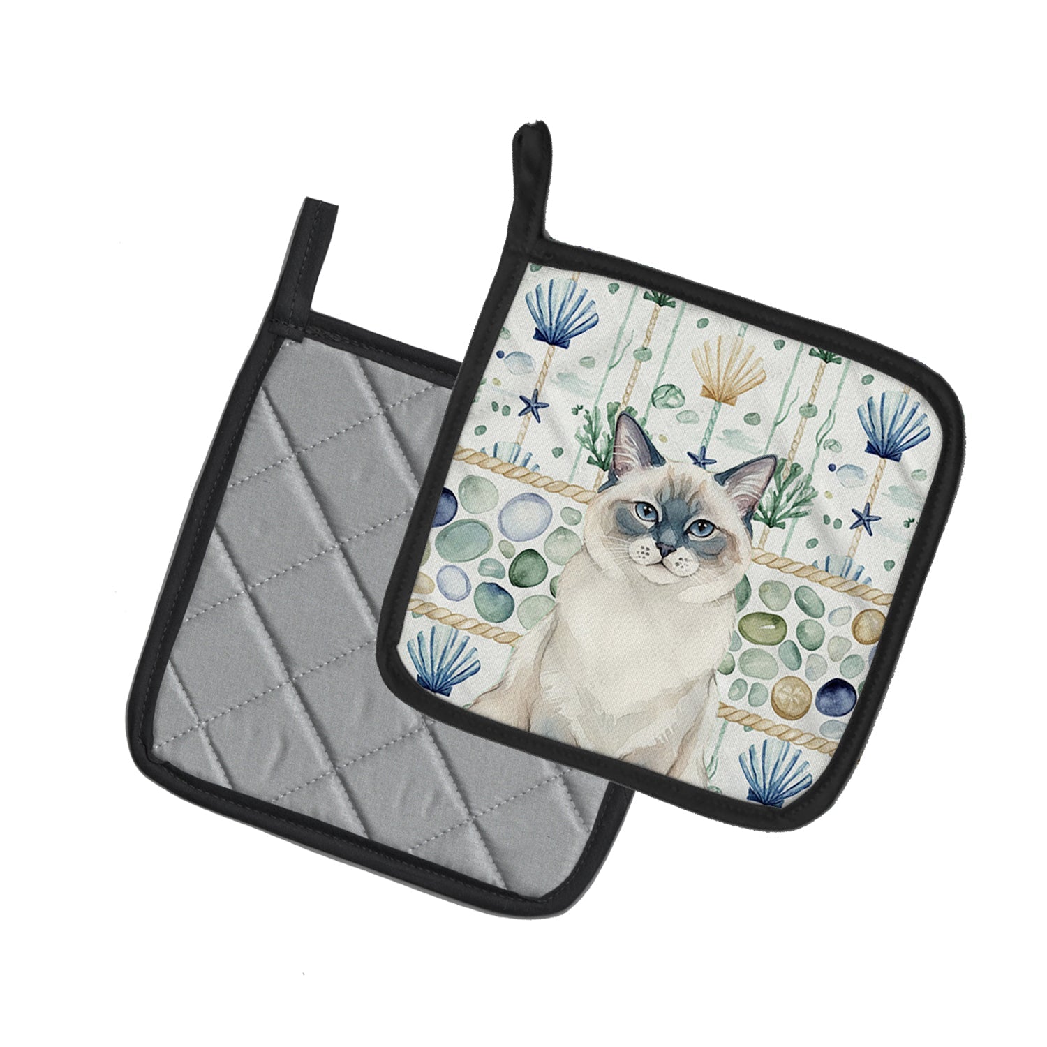 Ragdoll Blue Point Cat Coastal Sea Glass Pot Holder Set of 2 Heat Resistant Quilted Hot Pads 7.5 x 7.5 Inch, Insulated Kitchen Trivets for Cooking & Baking