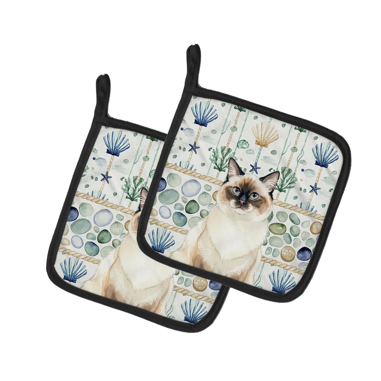Ragdoll Seal Point Cat Coastal Sea Glass Pot Holder Set of 2 Heat Resistant Quilted Hot Pads 7.5 x 7.5 Inch, Insulated Kitchen Trivets for Cooking & Baking