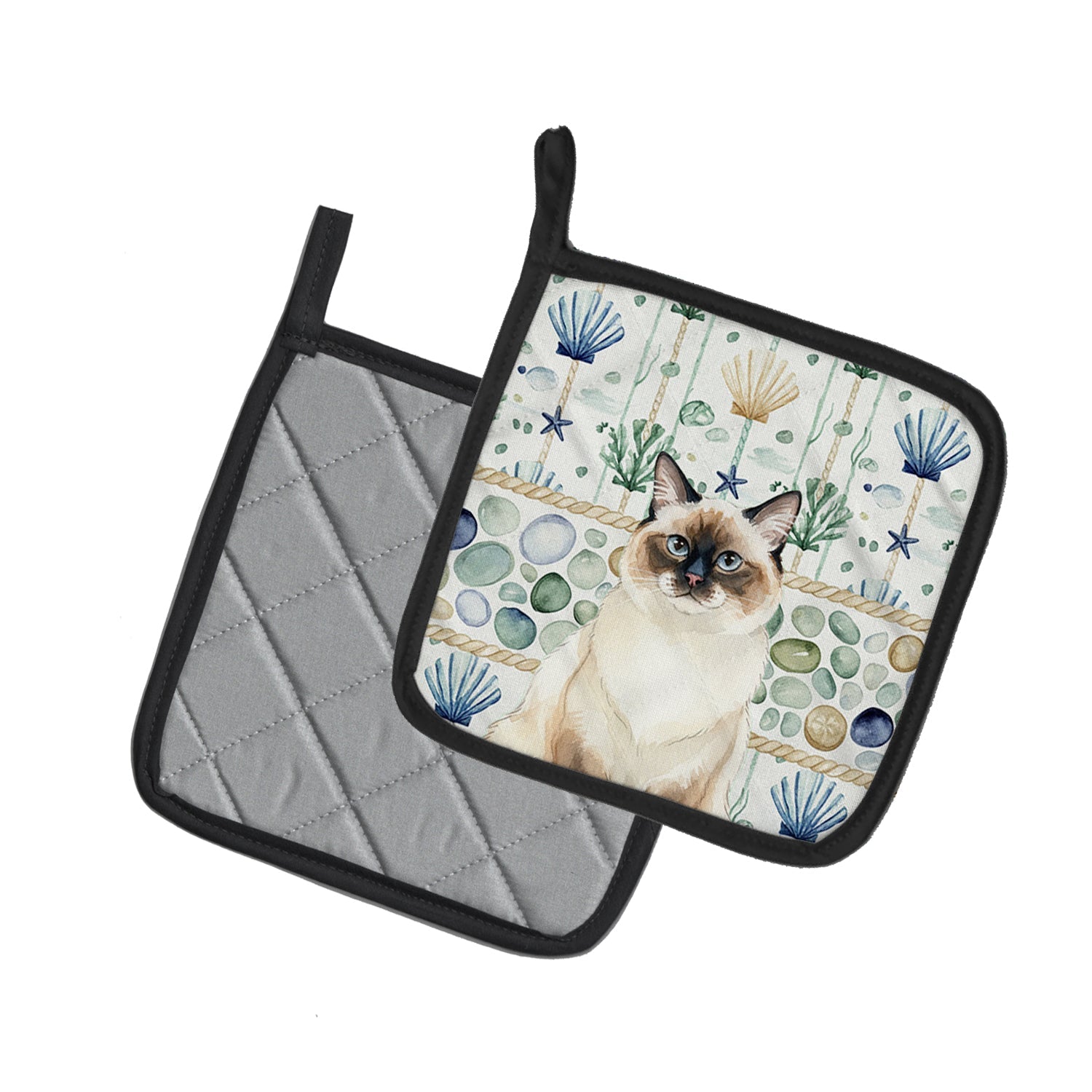 Ragdoll Seal Point Cat Coastal Sea Glass Pot Holder Set of 2 Heat Resistant Quilted Hot Pads 7.5 x 7.5 Inch, Insulated Kitchen Trivets for Cooking & Baking