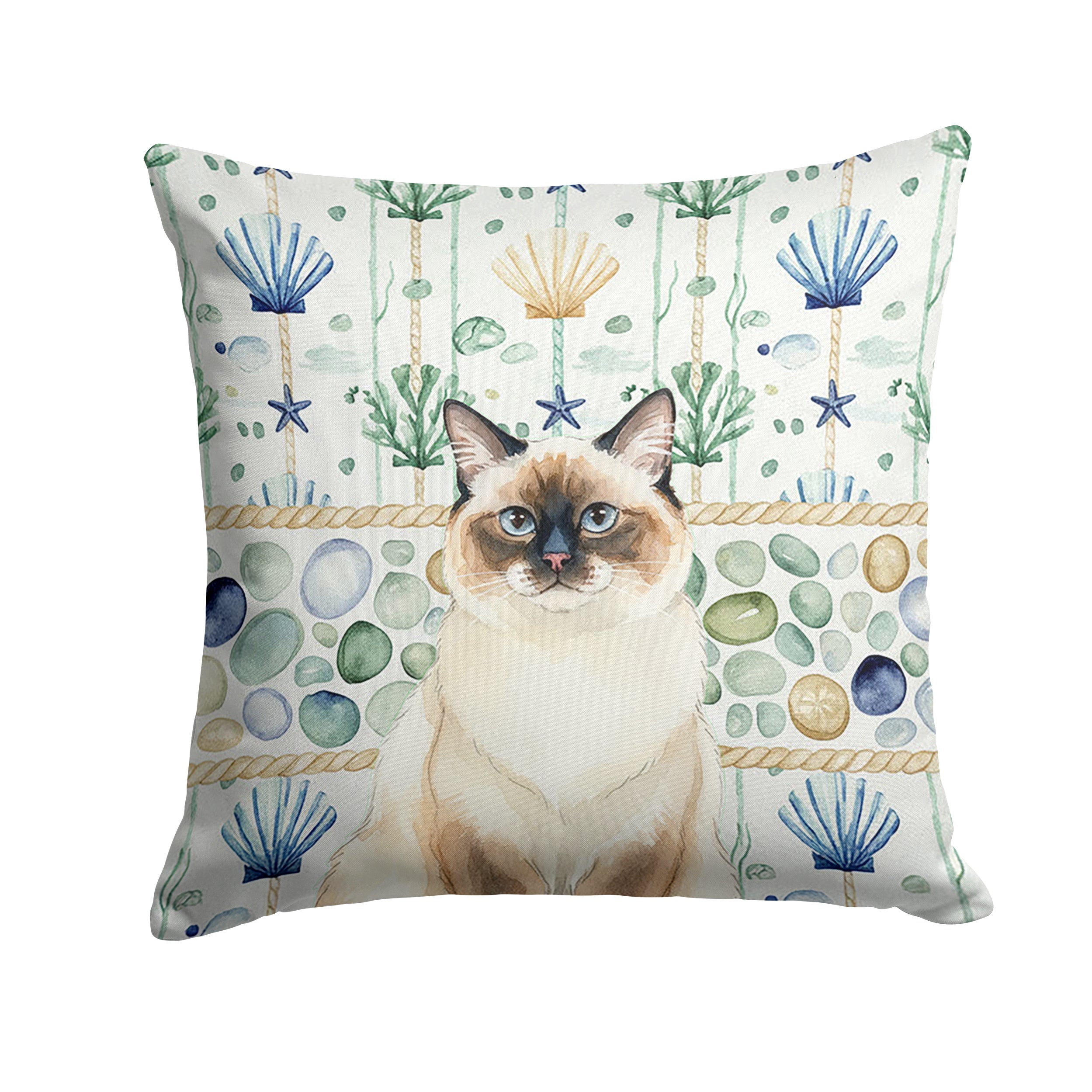 Ragdoll Seal Point Cat Coastal Sea Glass Decorative Throw Pillow 14x14 Indoor Outdoor Accent Cushion, Fabric Cover with Insert for Sofa, Bed, Porch & Living Room