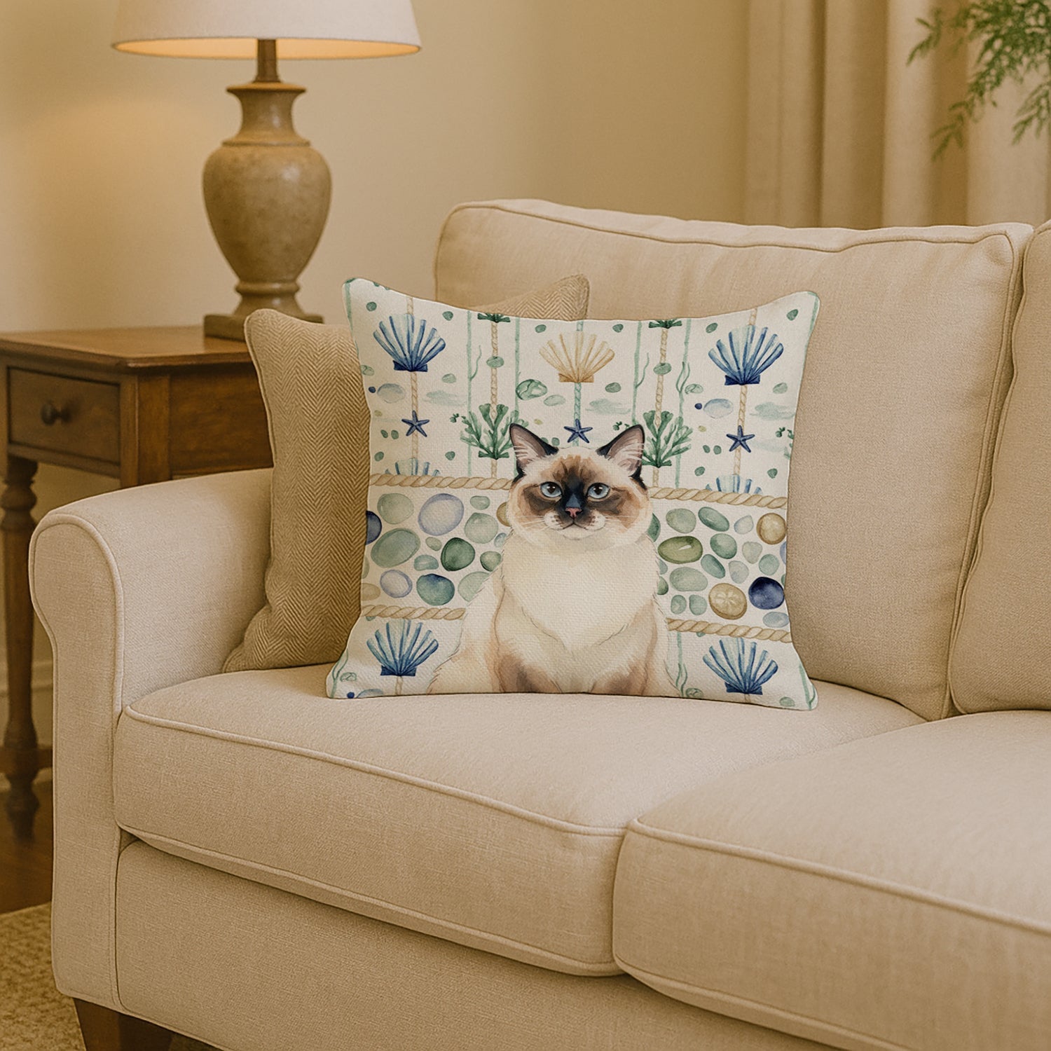 Ragdoll Seal Point Cat Coastal Sea Glass Decorative Throw Pillow 14x14 Indoor Outdoor Accent Cushion, Fabric Cover with Insert for Sofa, Bed, Porch & Living Room