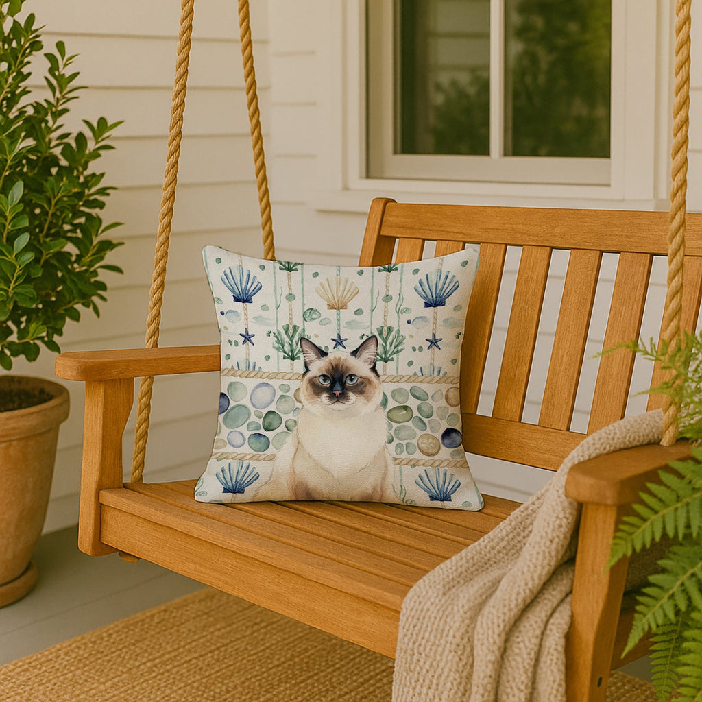 Ragdoll Seal Point Cat Coastal Sea Glass Decorative Throw Pillow 18x18 Indoor Outdoor Accent Cushion, Fabric Cover with Insert for Sofa, Bed, Porch & Living Room