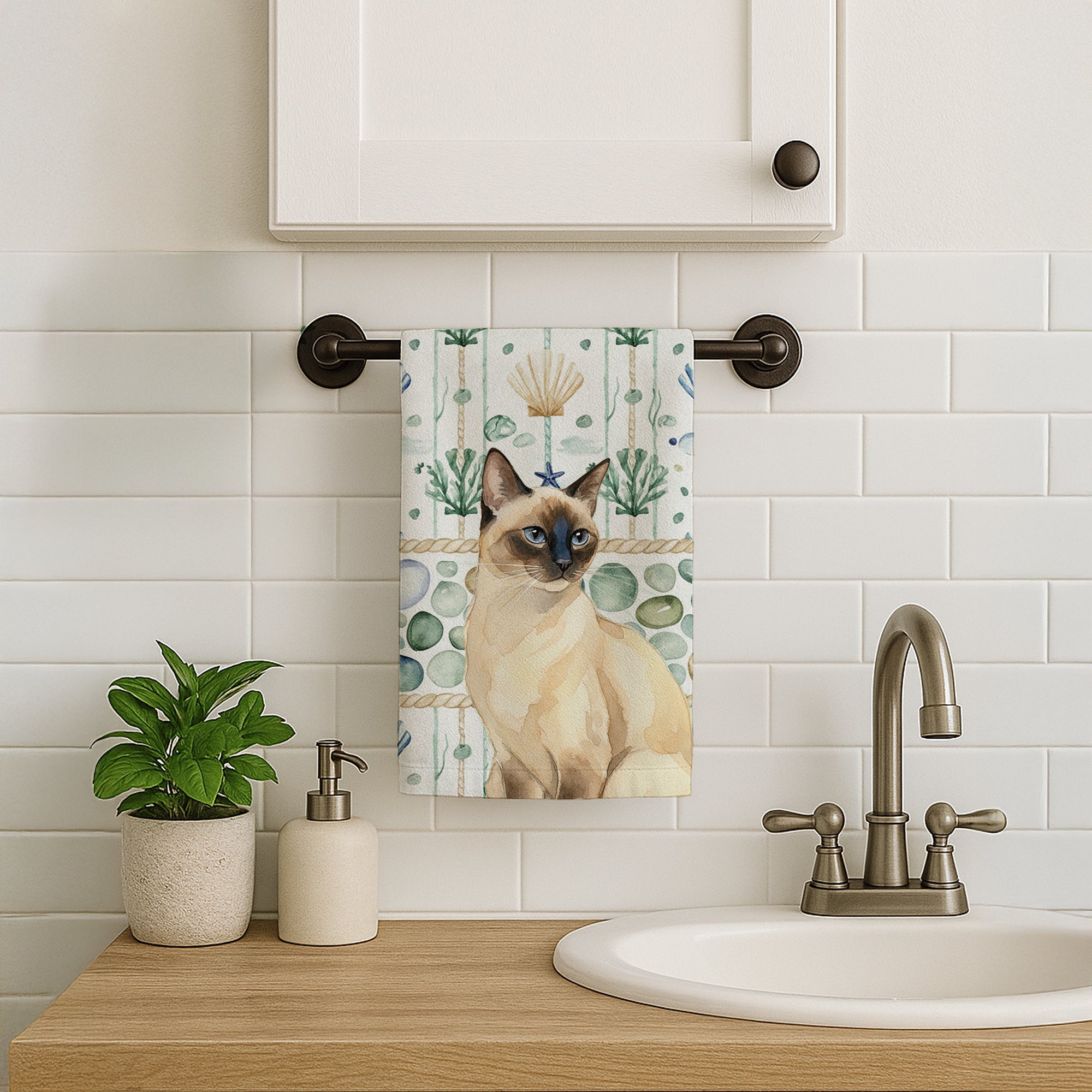 Seal Point Cat Coastal Sea Glass Kitchen Towel Velour Plush Front and Cotton Loop Back Machine Washable