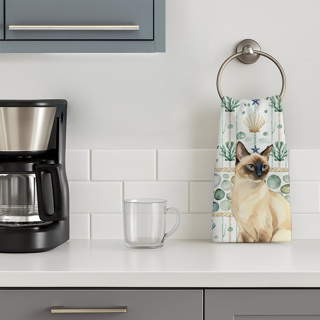 Seal Point Cat Coastal Sea Glass Kitchen Towel Velour Plush Front and Cotton Loop Back Machine Washable