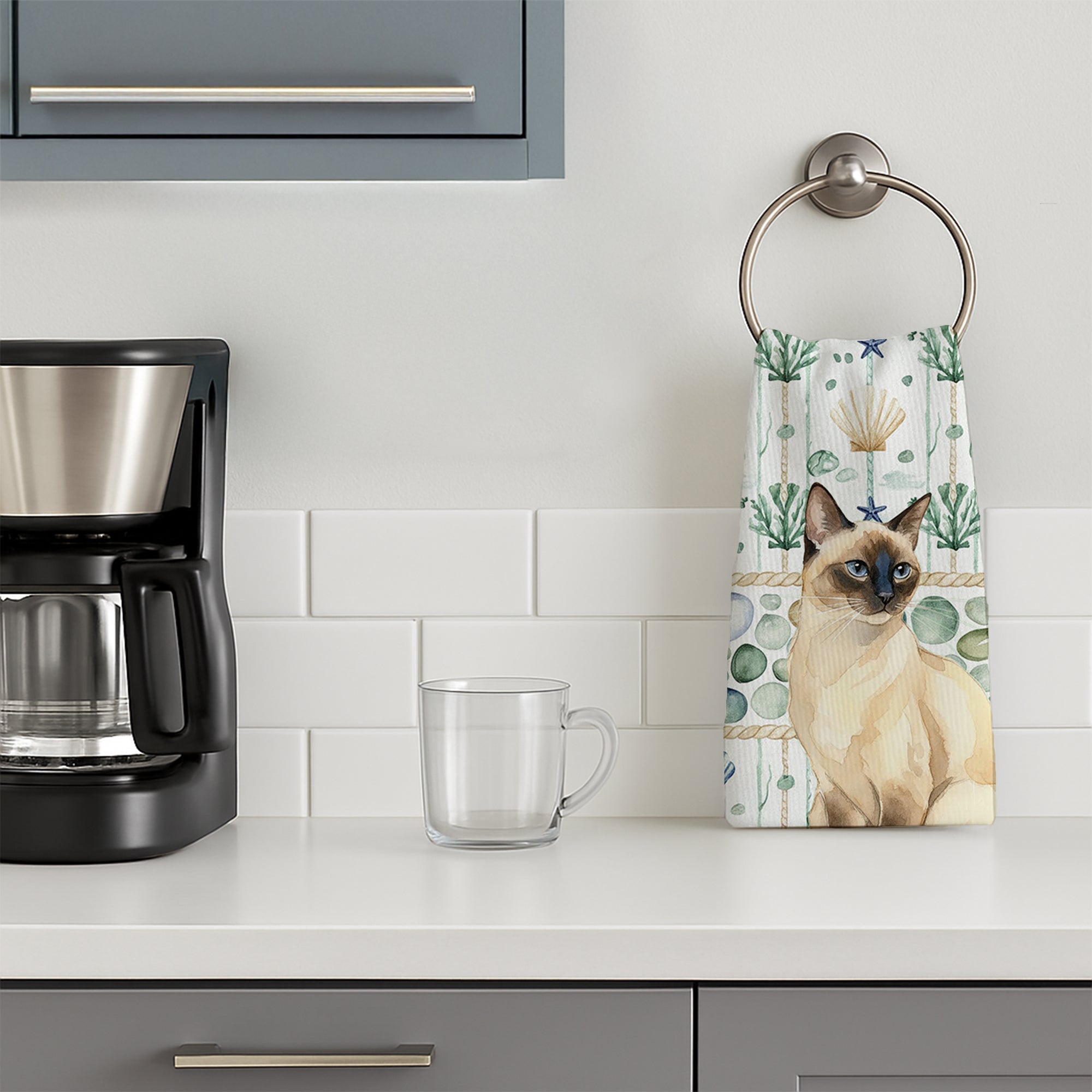 Seal Point Cat Coastal Sea Glass Kitchen Towel Velour Plush Front and Cotton Loop Back Machine Washable