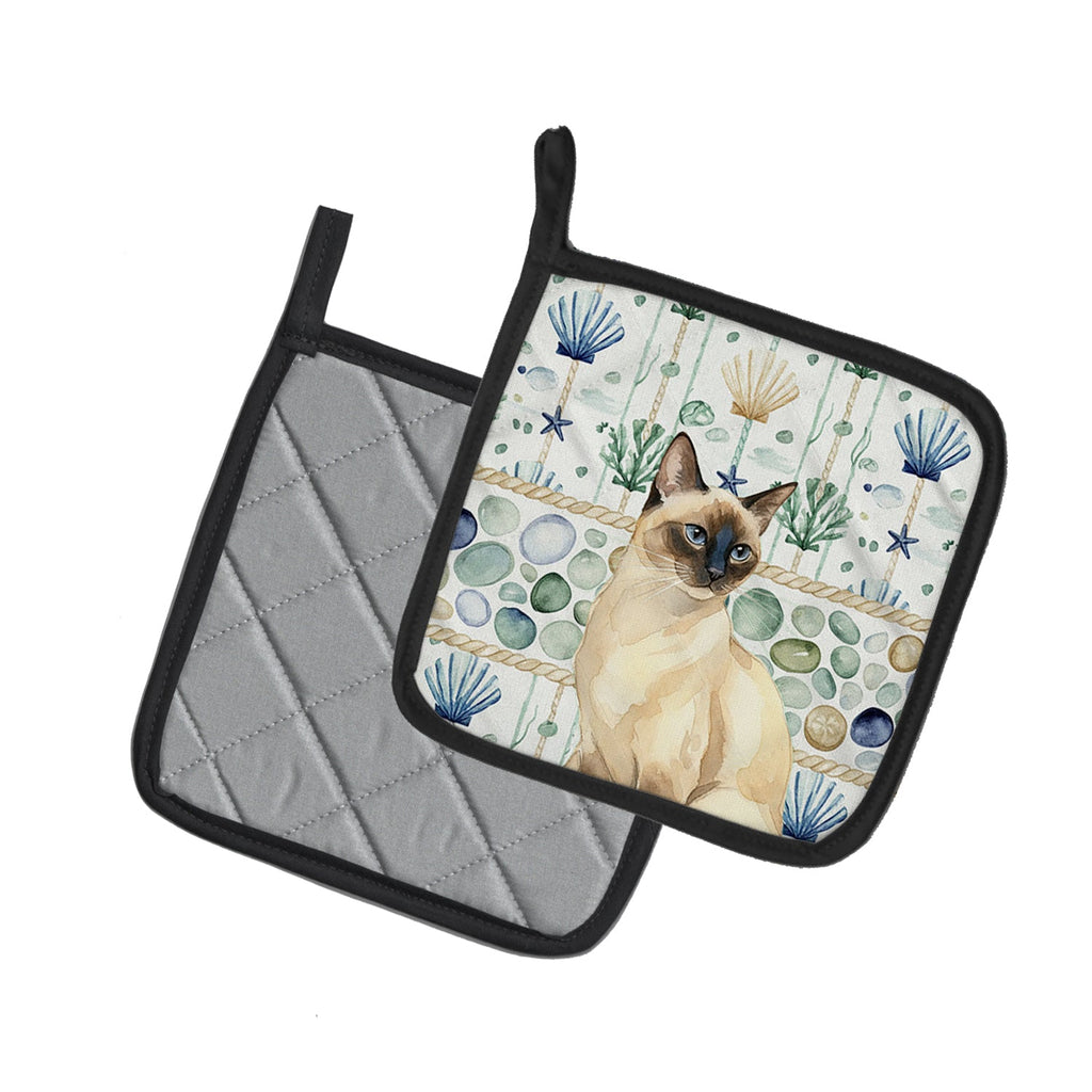 Seal Point Cat Coastal Sea Glass Pot Holder Set of 2 Heat Resistant Quilted Hot Pads 7.5 x 7.5 Inch, Insulated Kitchen Trivets for Cooking & Baking