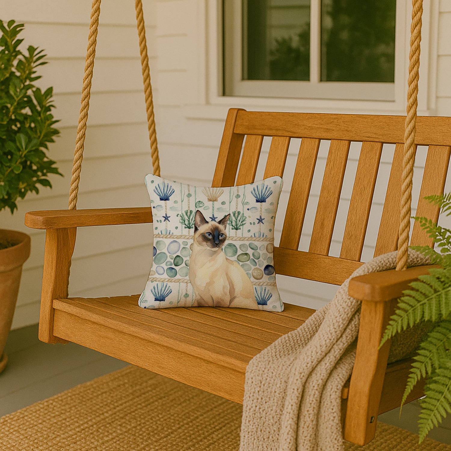 Seal Point Cat Coastal Sea Glass Decorative Throw Pillow 14x14 Indoor Outdoor Accent Cushion, Fabric Cover with Insert for Sofa, Bed, Porch & Living Room