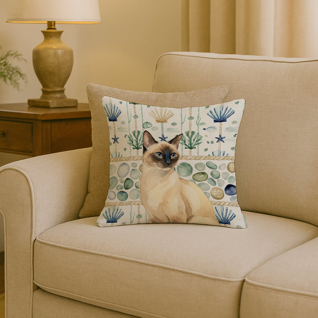 Seal Point Cat Coastal Sea Glass Decorative Throw Pillow 18x18 Indoor Outdoor Accent Cushion, Fabric Cover with Insert for Sofa, Bed, Porch & Living Room