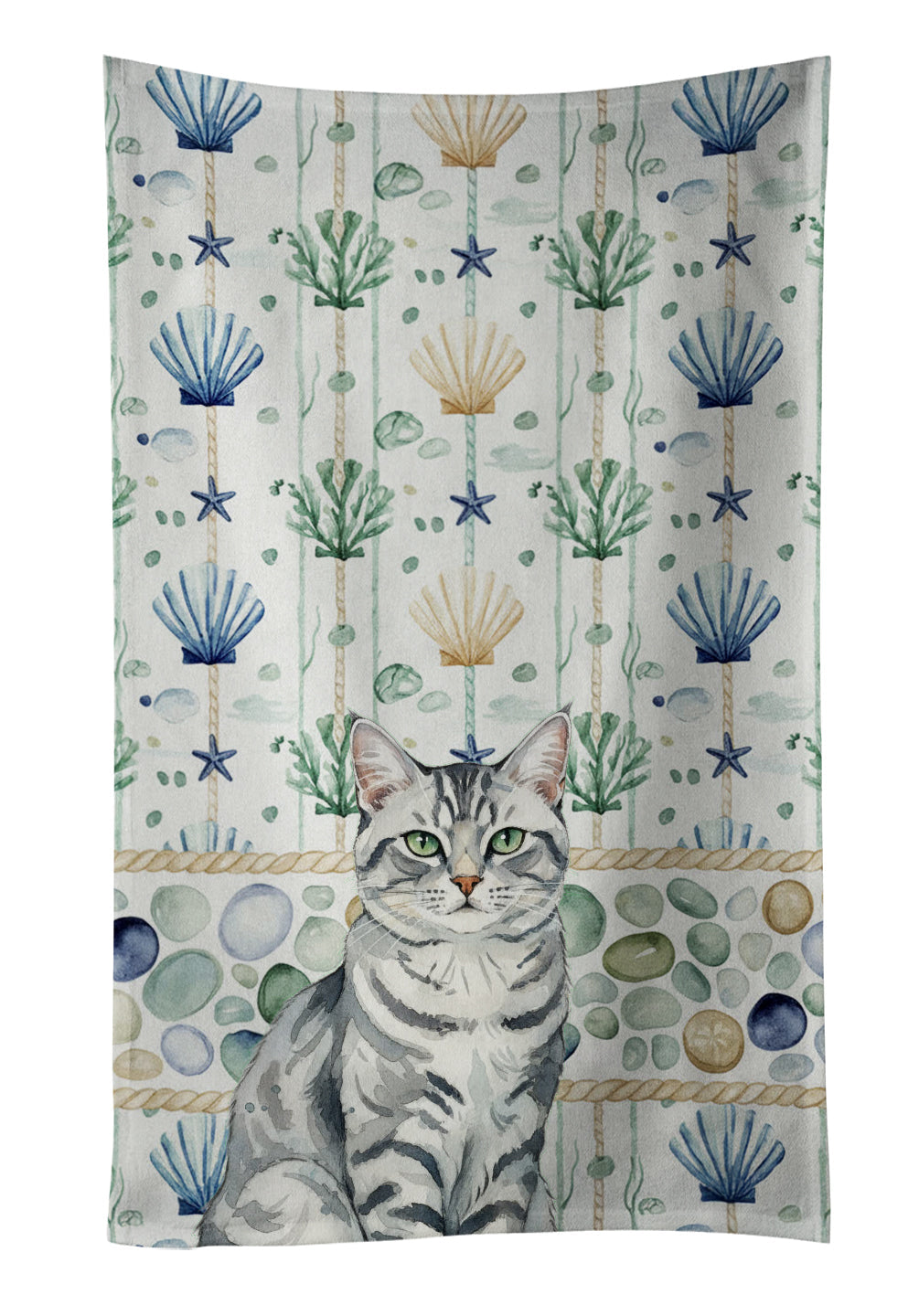 Silver Classic Tabby Cat Coastal Sea Glass Kitchen Towel Velour Plush Front and Cotton Loop Back Machine Washable