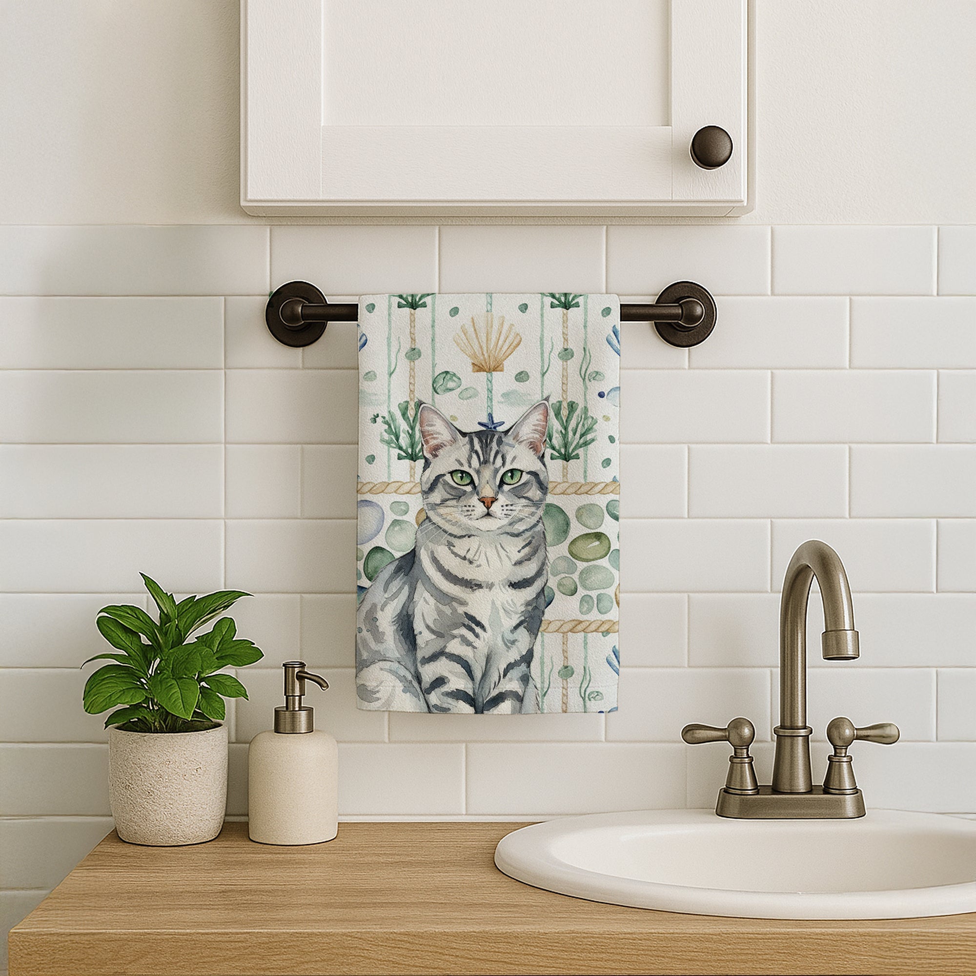 Silver Classic Tabby Cat Coastal Sea Glass Kitchen Towel Velour Plush Front and Cotton Loop Back Machine Washable