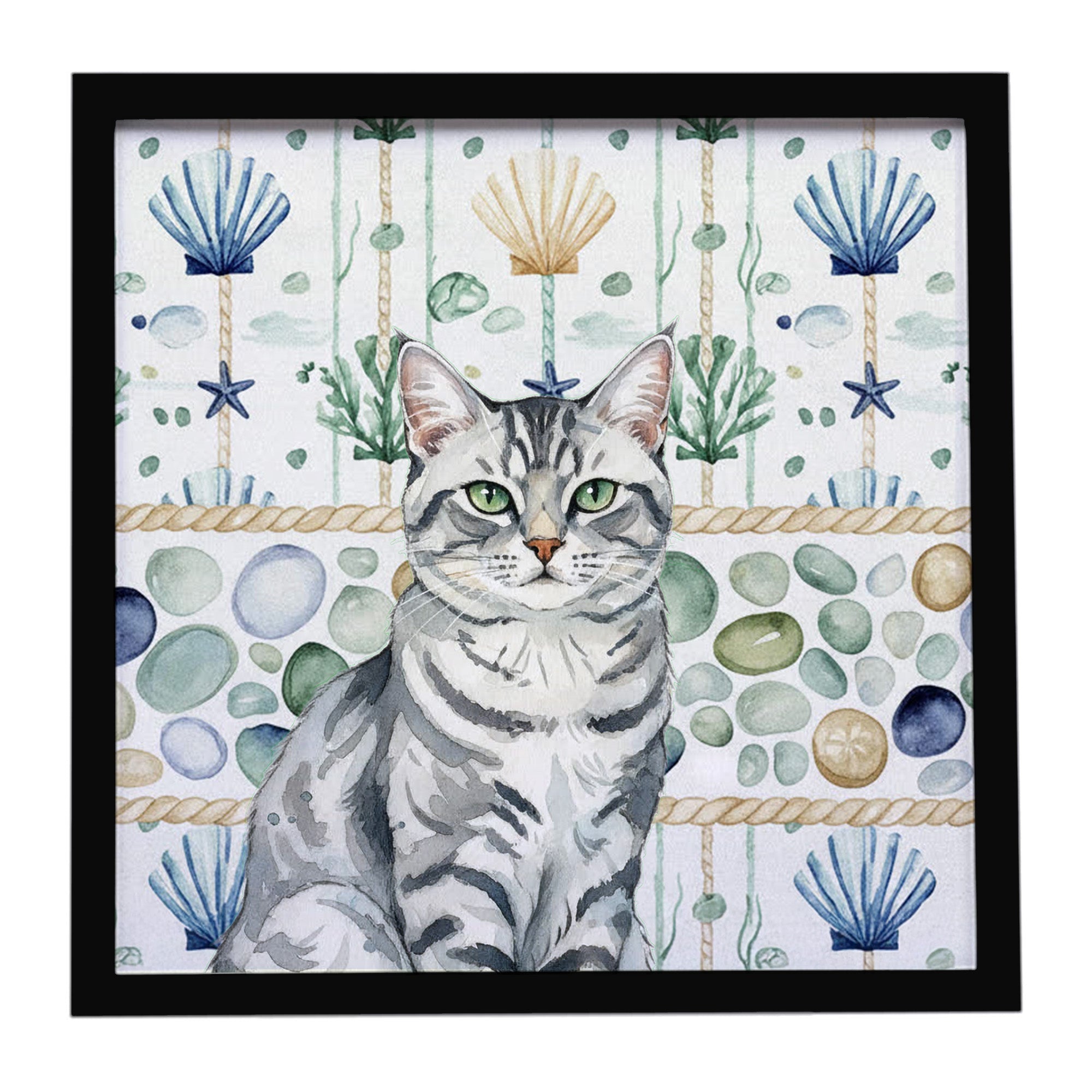 Silver Classic Tabby Cat Coastal Sea Glass Framed Metal Print Bathroom, Kitchen, Office, Home Decor Wall Art Ready to Hang, Square, 8X8