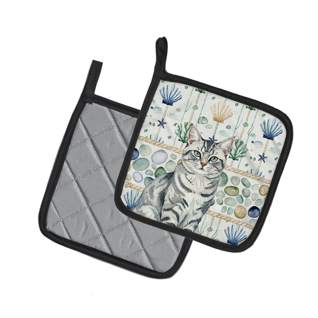 Silver Classic Tabby Cat Coastal Sea Glass Pot Holder Set of 2 Heat Resistant Quilted Hot Pads 7.5 x 7.5 Inch, Insulated Kitchen Trivets for Cooking & Baking