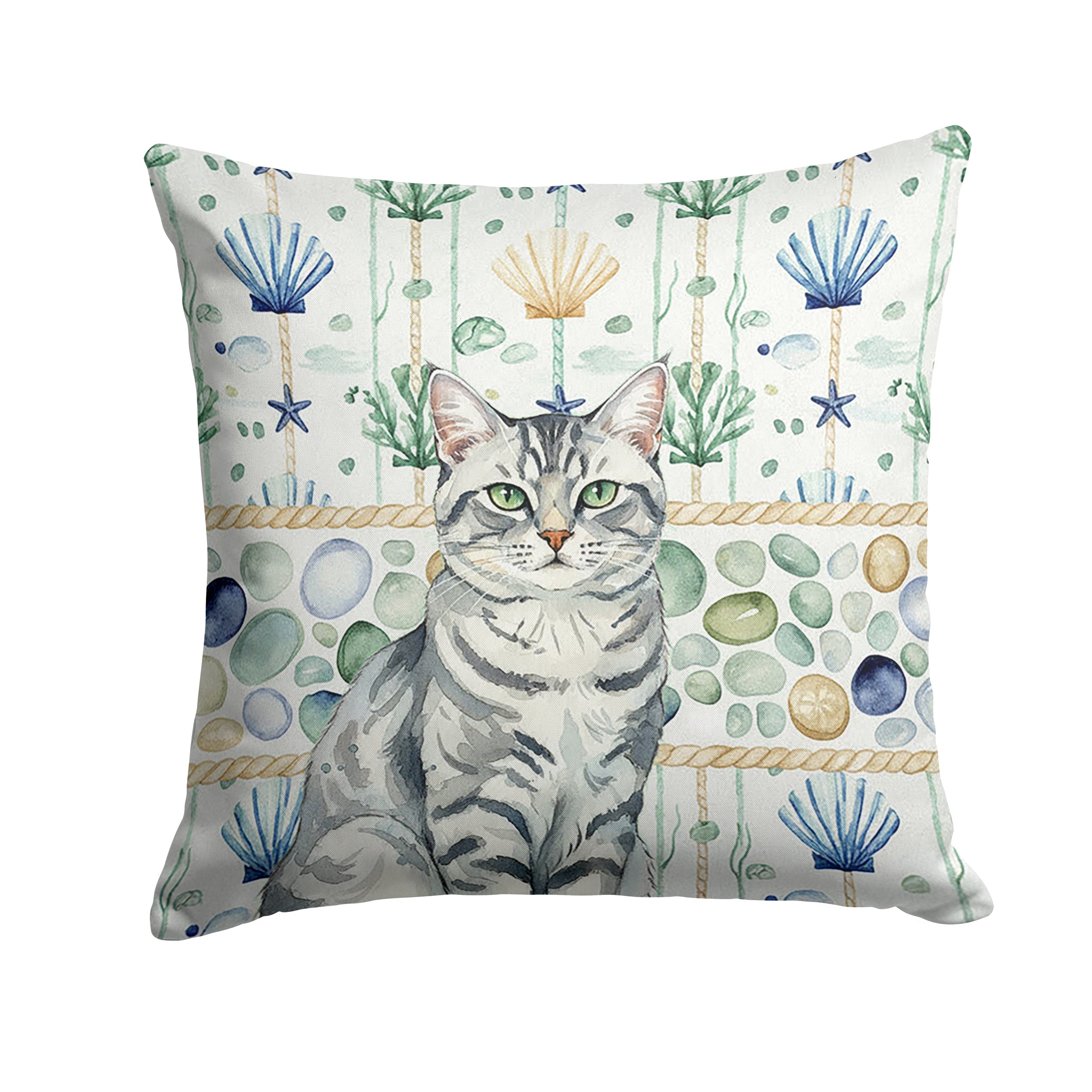 Silver Classic Tabby Cat Coastal Sea Glass Decorative Throw Pillow 14x14 Indoor Outdoor Accent Cushion, Fabric Cover with Insert for Sofa, Bed, Porch & Living Room