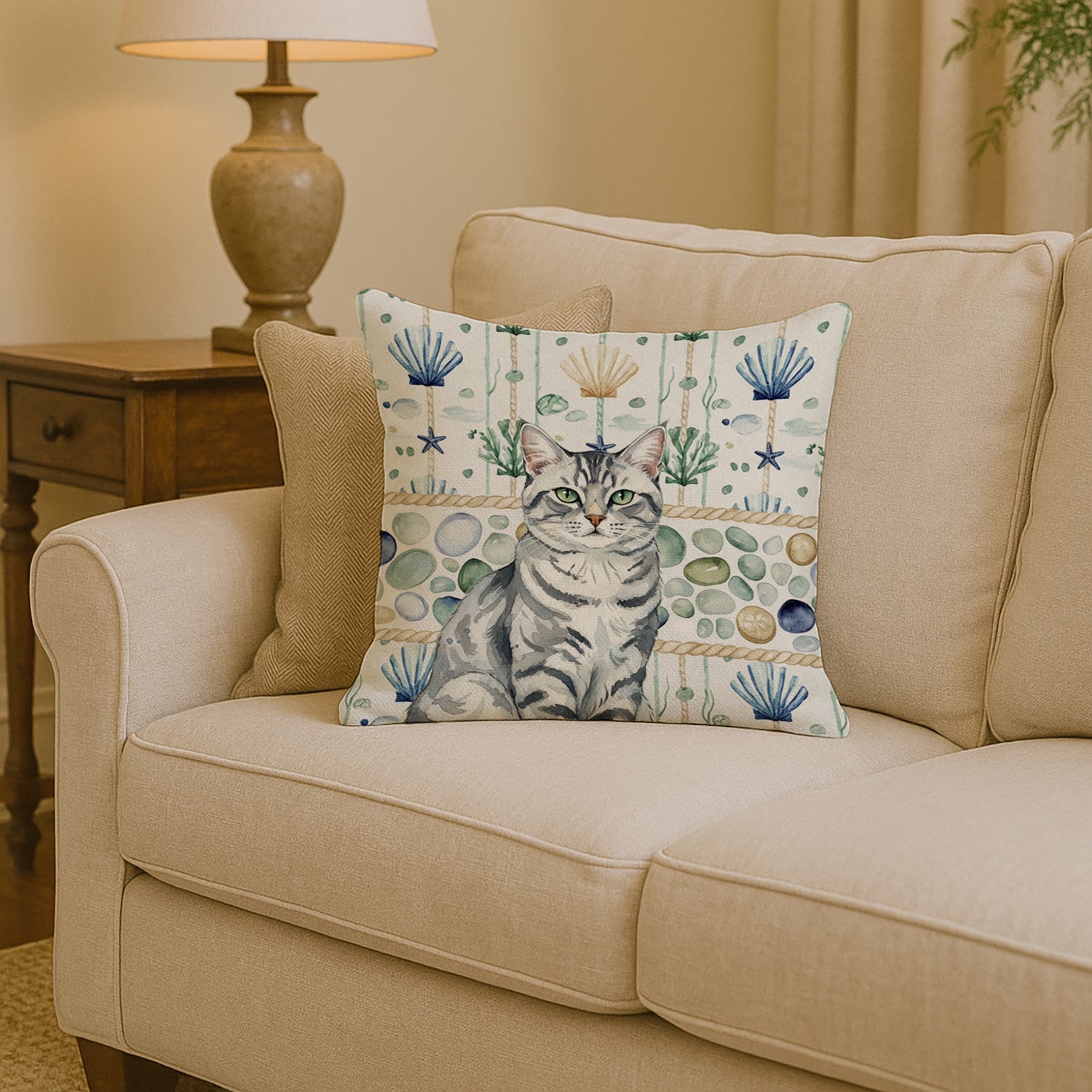 Silver Classic Tabby Cat Coastal Sea Glass Decorative Throw Pillow 14x14 Indoor Outdoor Accent Cushion, Fabric Cover with Insert for Sofa, Bed, Porch & Living Room