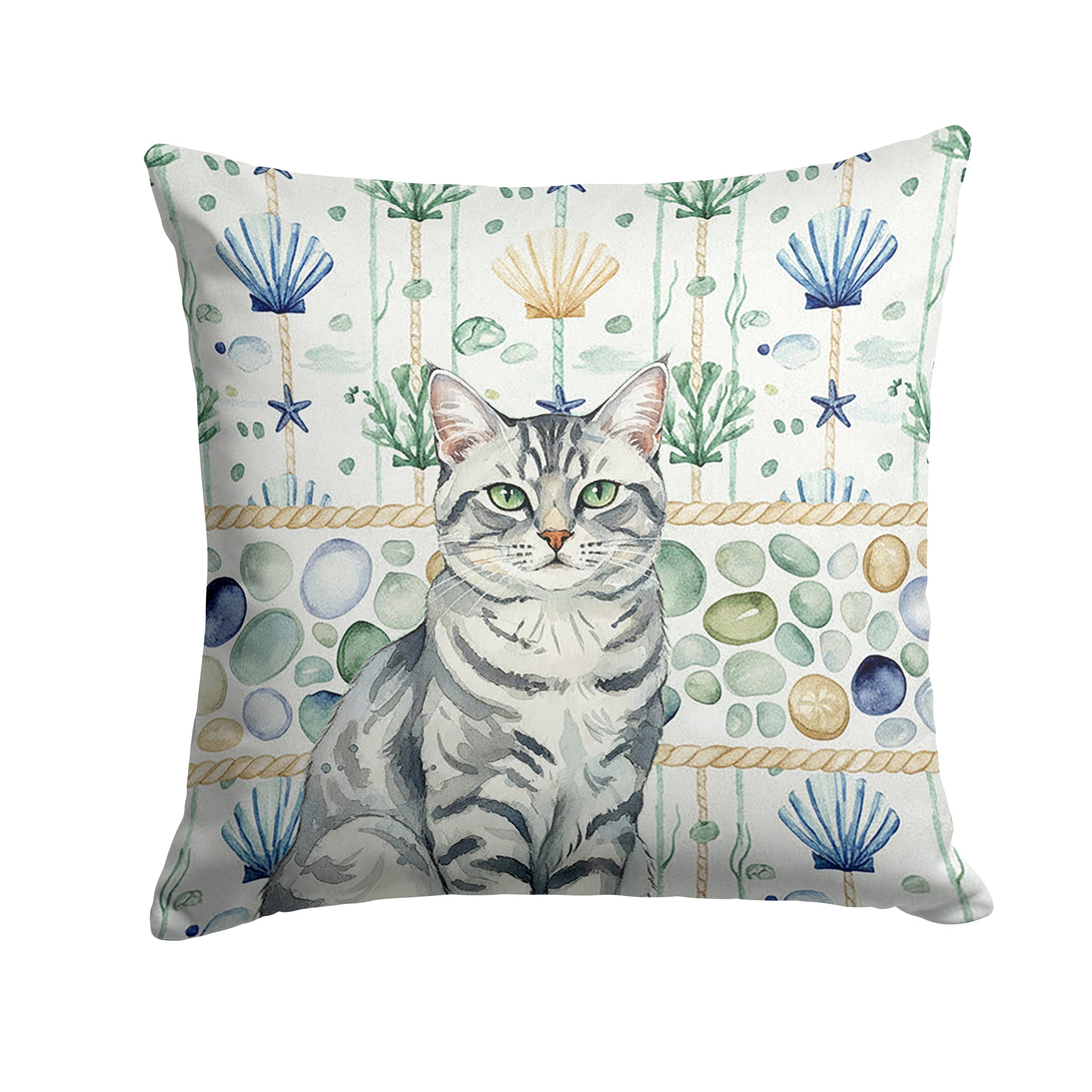 Silver Classic Tabby Cat Coastal Sea Glass Decorative Throw Pillow 18x18 Indoor Outdoor Accent Cushion, Fabric Cover with Insert for Sofa, Bed, Porch & Living Room