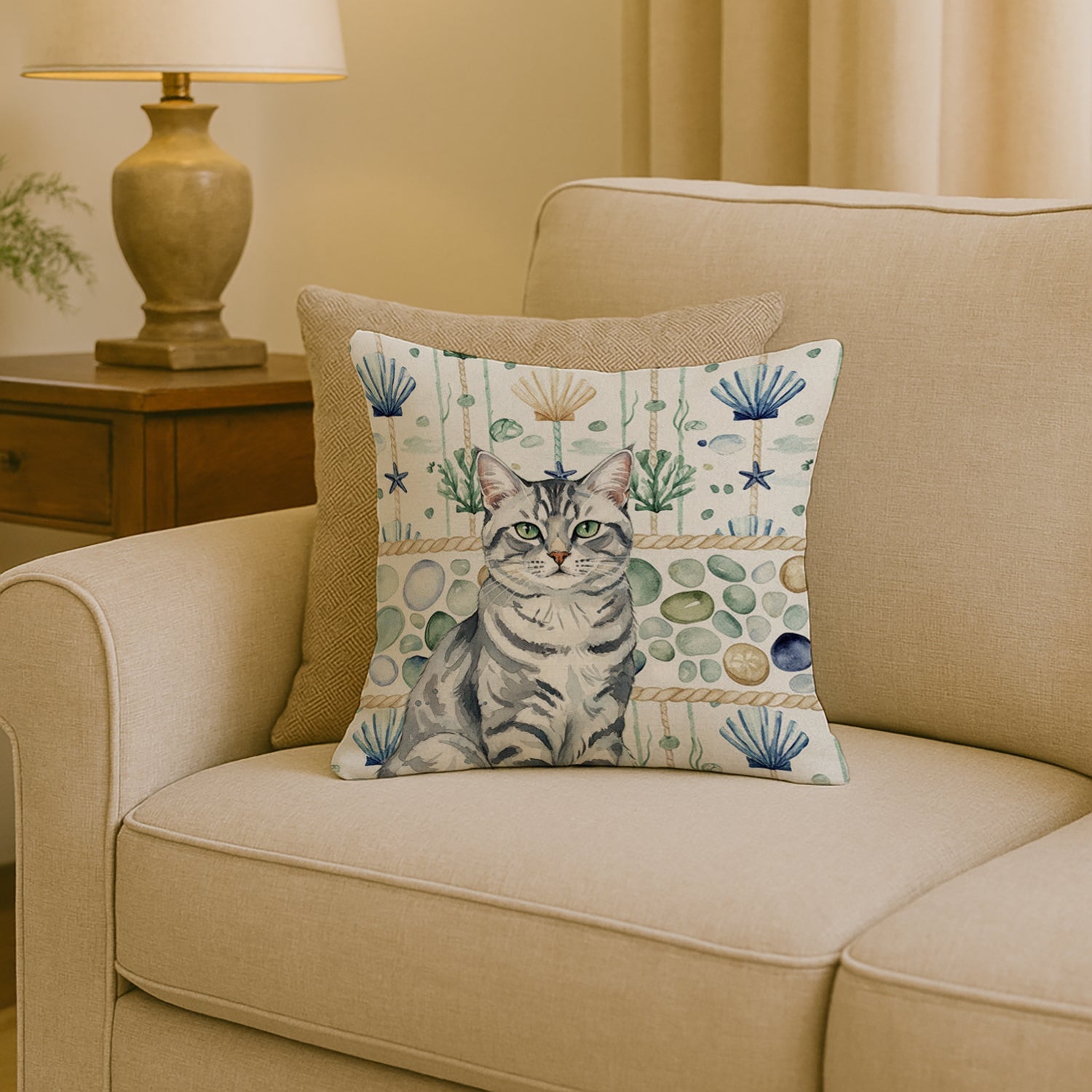 Silver Classic Tabby Cat Coastal Sea Glass Decorative Throw Pillow 18x18 Indoor Outdoor Accent Cushion, Fabric Cover with Insert for Sofa, Bed, Porch & Living Room