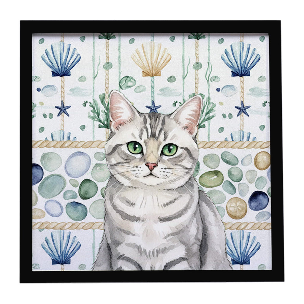 Silver Mackerel Tabby Cat Coastal Sea Glass Framed Metal Print Bathroom, Kitchen, Office, Home Decor Wall Art Ready to Hang, Square, 8X8