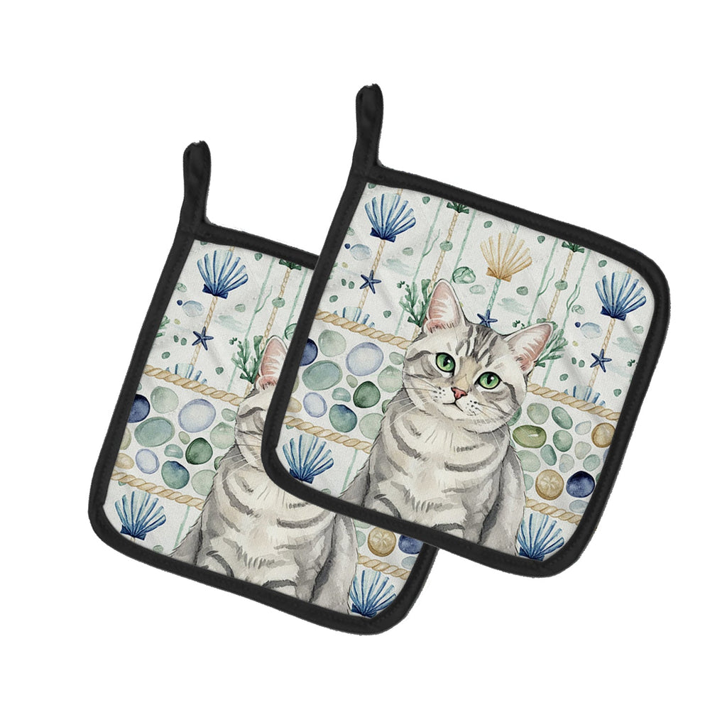 Silver Mackerel Tabby Cat Coastal Sea Glass Pot Holder Set of 2 Heat Resistant Quilted Hot Pads 7.5 x 7.5 Inch, Insulated Kitchen Trivets for Cooking & Baking