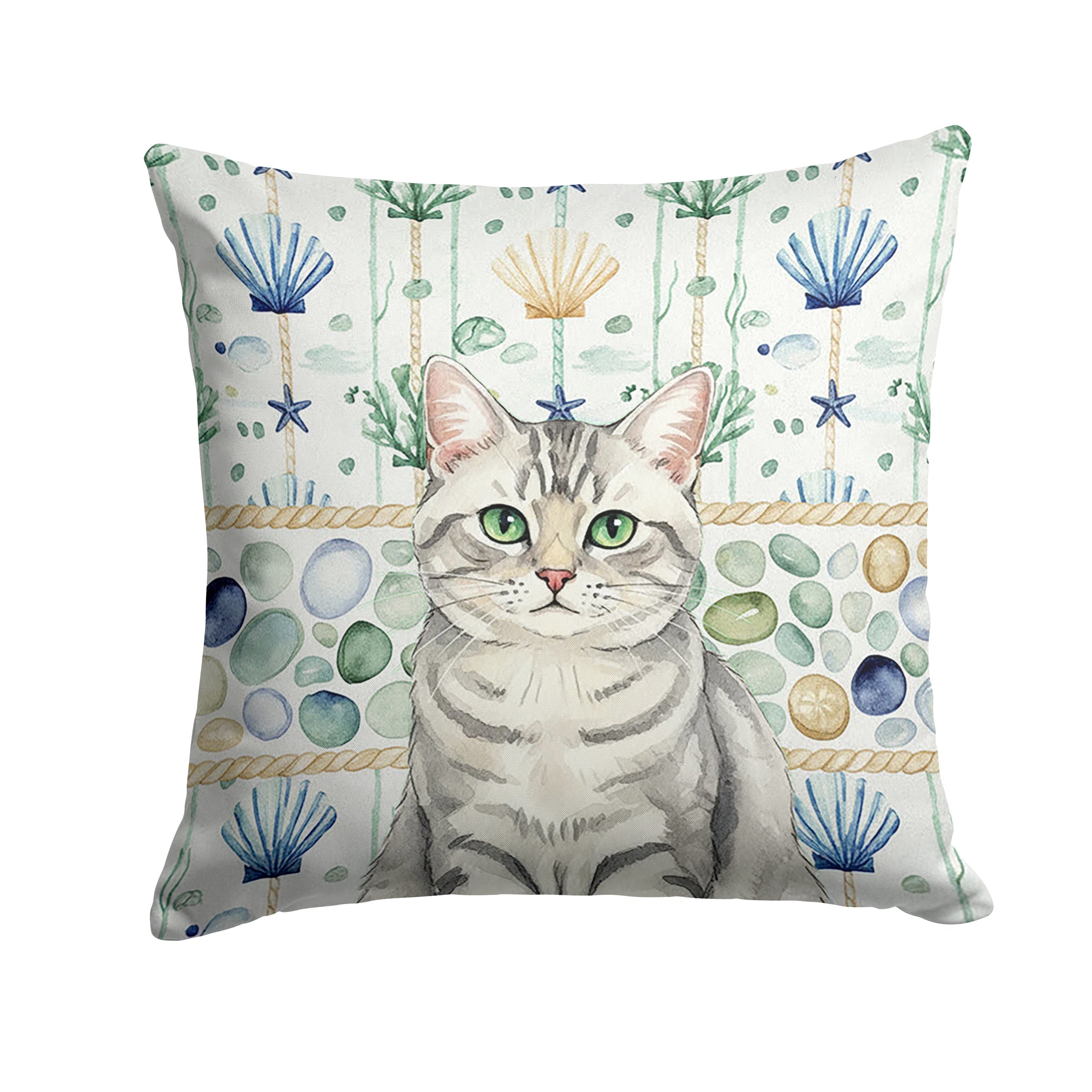 Silver Mackerel Tabby Cat Coastal Sea Glass Decorative Throw Pillow 18x18 Indoor Outdoor Accent Cushion, Fabric Cover with Insert for Sofa, Bed, Porch & Living Room