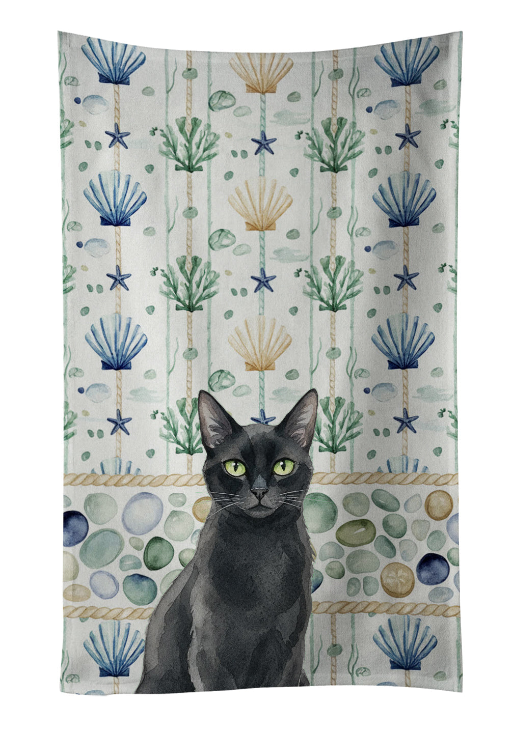 Solid Black Cat Coastal Sea Glass Kitchen Towel Velour Plush Front and Cotton Loop Back Machine Washable