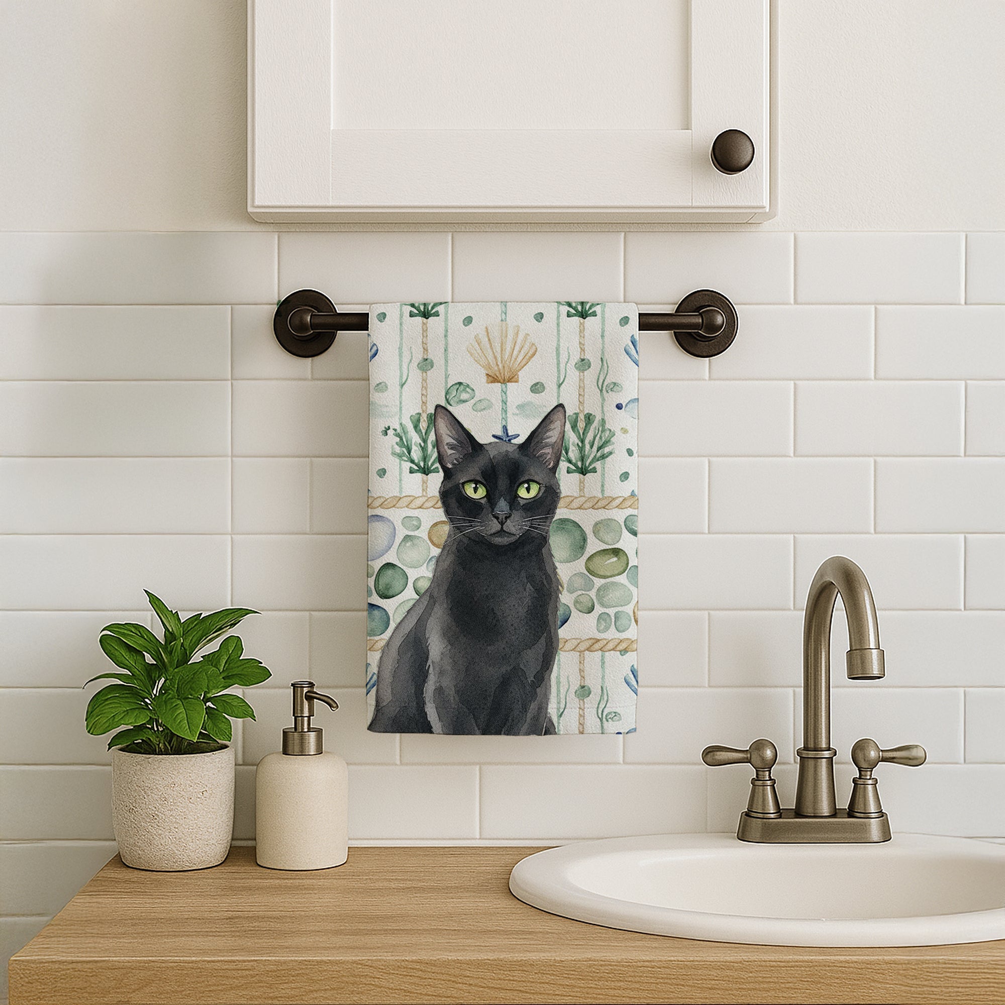 Solid Black Cat Coastal Sea Glass Kitchen Towel Velour Plush Front and Cotton Loop Back Machine Washable