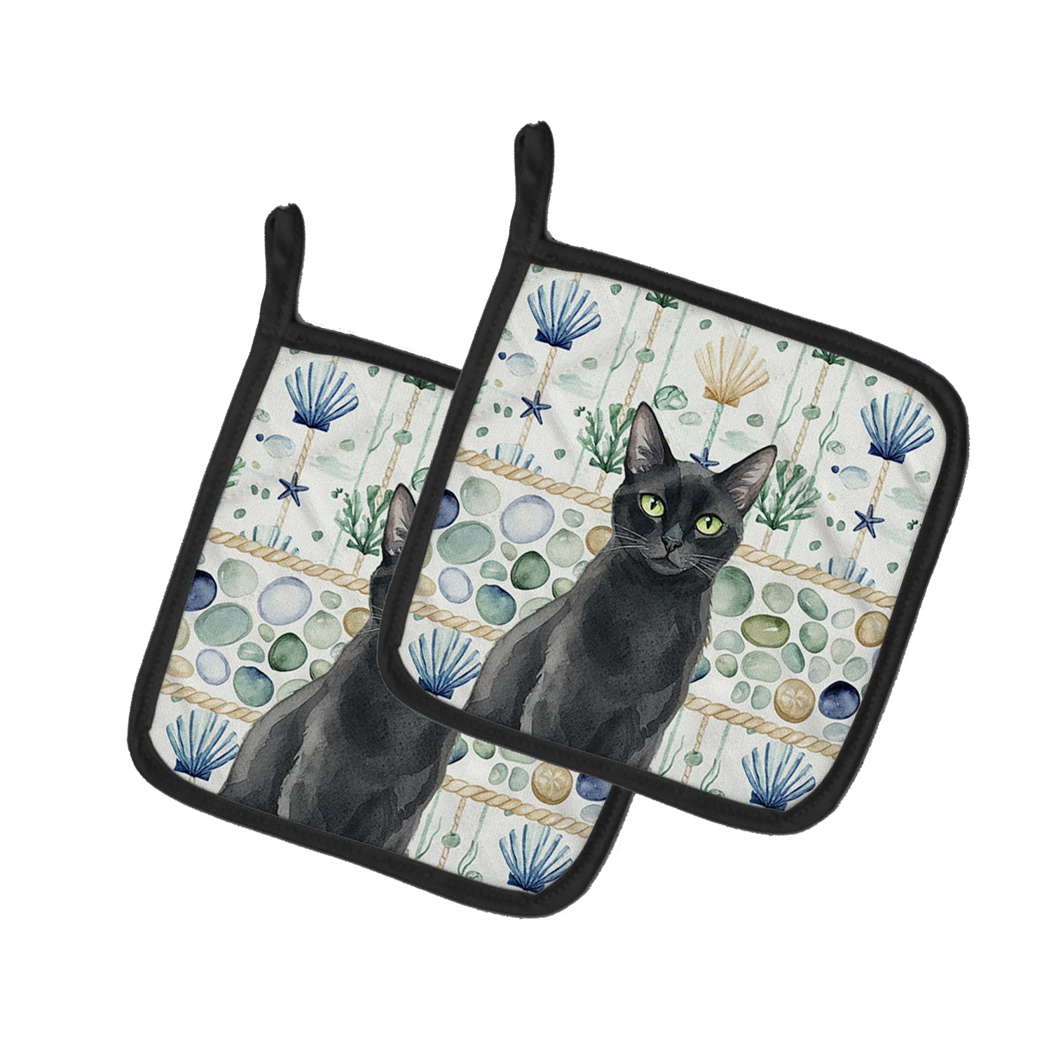 Solid Black Cat Coastal Sea Glass Pot Holder Set of 2 Heat Resistant Quilted Hot Pads 7.5 x 7.5 Inch, Insulated Kitchen Trivets for Cooking & Baking