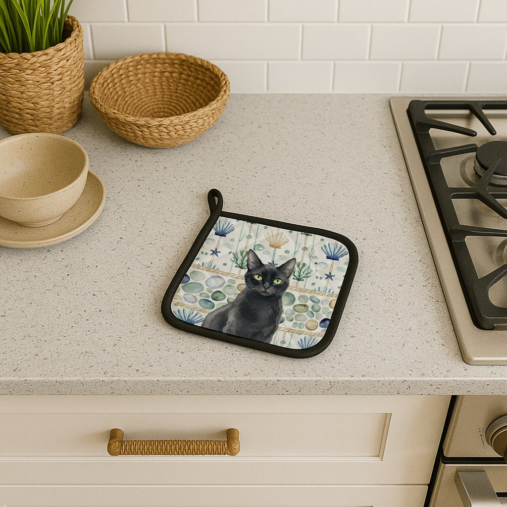 Solid Black Cat Coastal Sea Glass Pot Holder Set of 2 Heat Resistant Quilted Hot Pads 7.5 x 7.5 Inch, Insulated Kitchen Trivets for Cooking & Baking