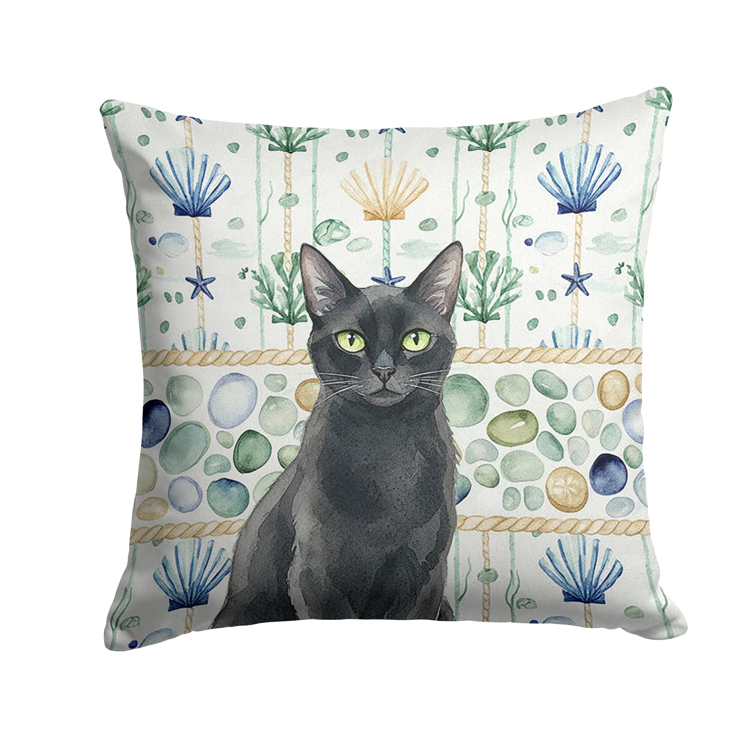 Solid Black Cat Coastal Sea Glass Decorative Throw Pillow 14x14 Indoor Outdoor Accent Cushion, Fabric Cover with Insert for Sofa, Bed, Porch & Living Room