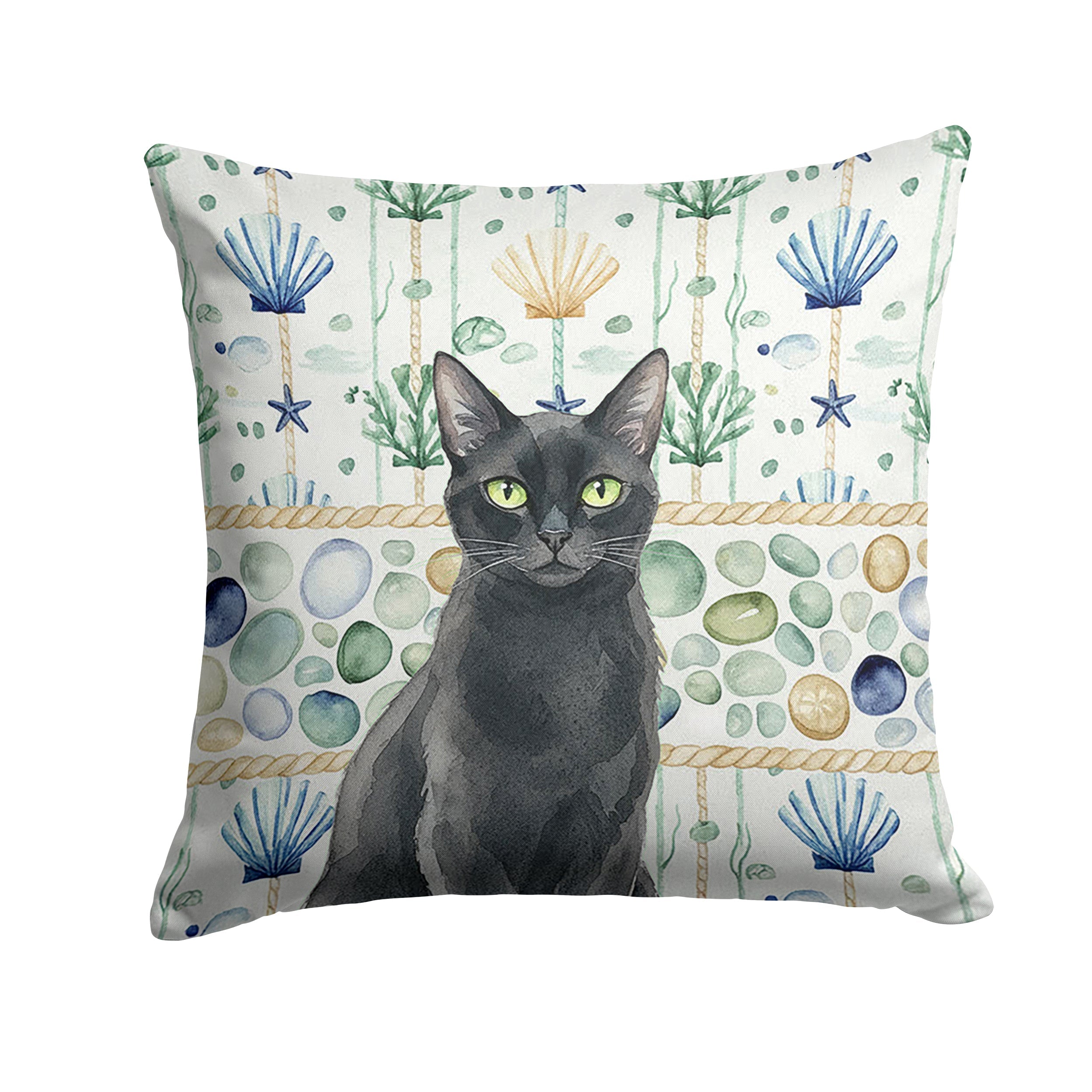 Solid Black Cat Coastal Sea Glass Decorative Throw Pillow 18x18 Indoor Outdoor Accent Cushion, Fabric Cover with Insert for Sofa, Bed, Porch & Living Room