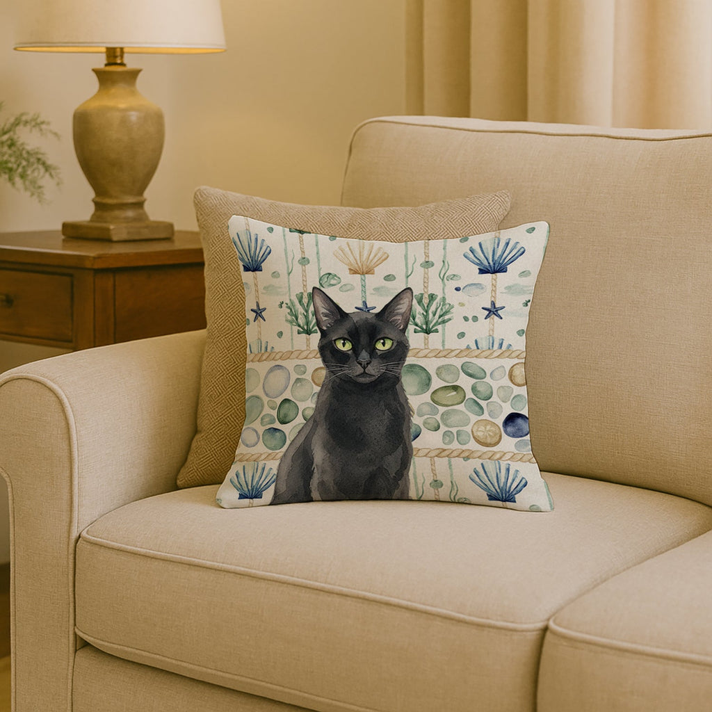 Solid Black Cat Coastal Sea Glass Decorative Throw Pillow 18x18 Indoor Outdoor Accent Cushion, Fabric Cover with Insert for Sofa, Bed, Porch & Living Room