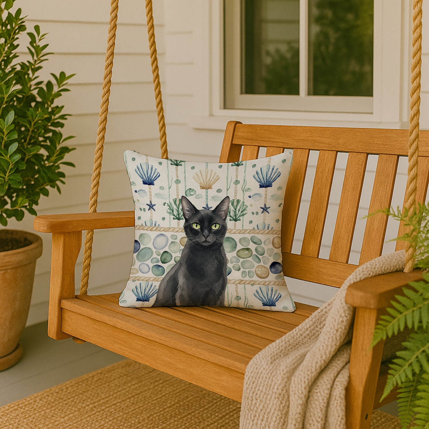Solid Black Cat Coastal Sea Glass Decorative Throw Pillow 18x18 Indoor Outdoor Accent Cushion, Fabric Cover with Insert for Sofa, Bed, Porch & Living Room