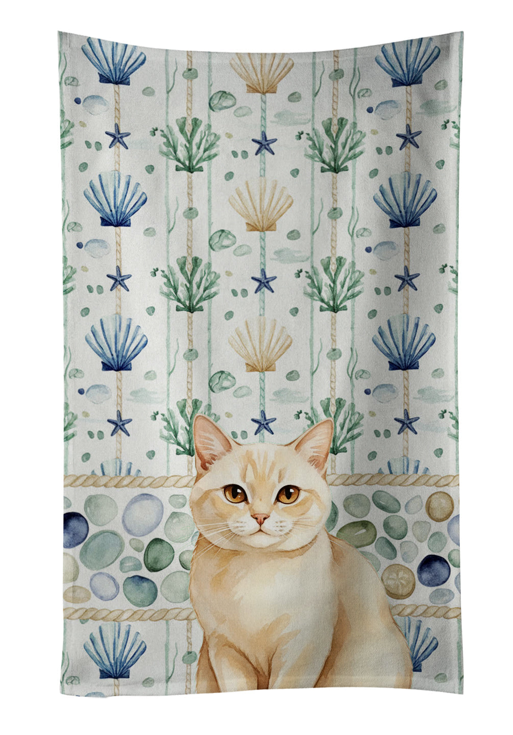Solid Cream Cat Coastal Sea Glass Kitchen Towel Velour Plush Front and Cotton Loop Back Machine Washable