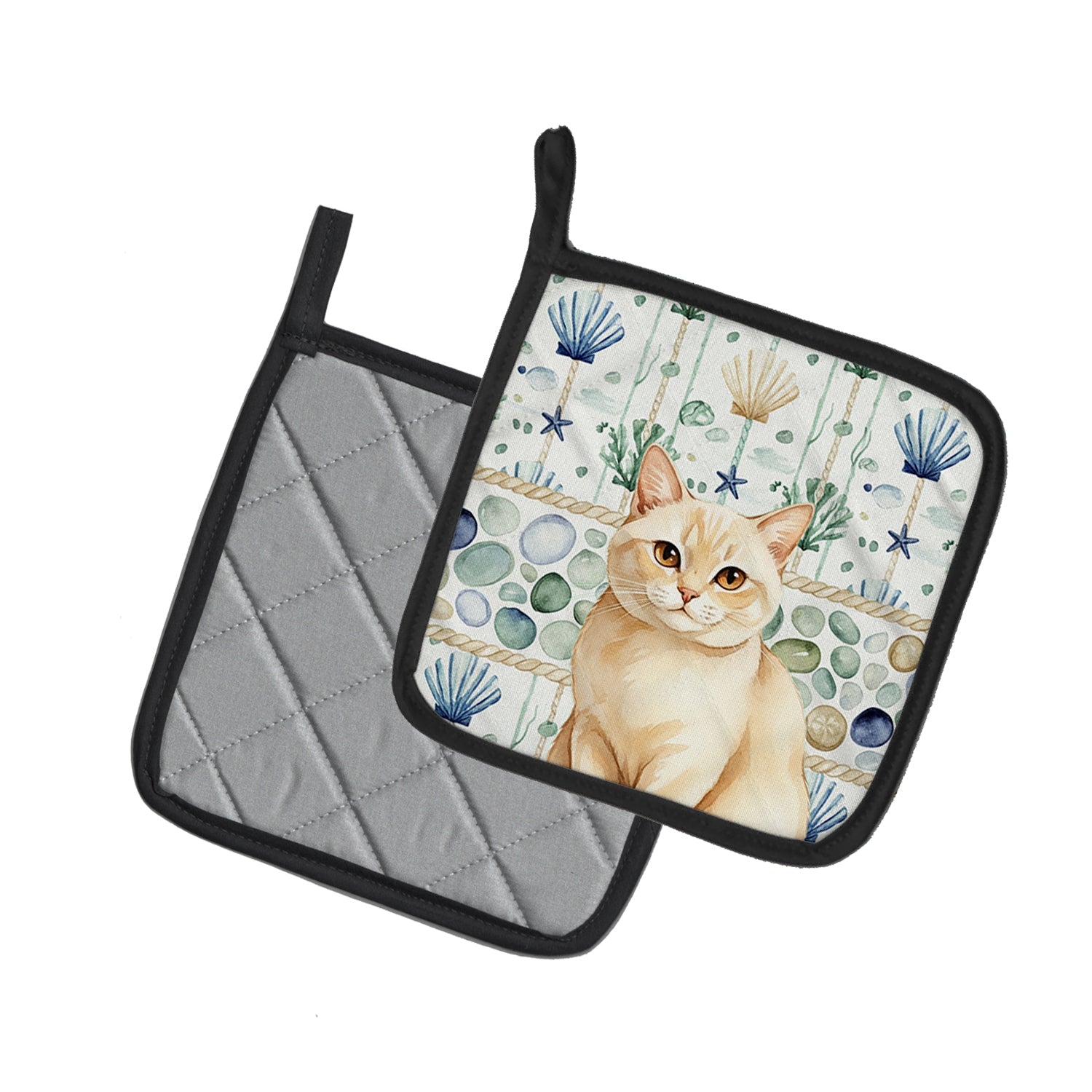 Solid Cream Cat Coastal Sea Glass Pot Holder Set of 2 Heat Resistant Quilted Hot Pads 7.5 x 7.5 Inch, Insulated Kitchen Trivets for Cooking & Baking