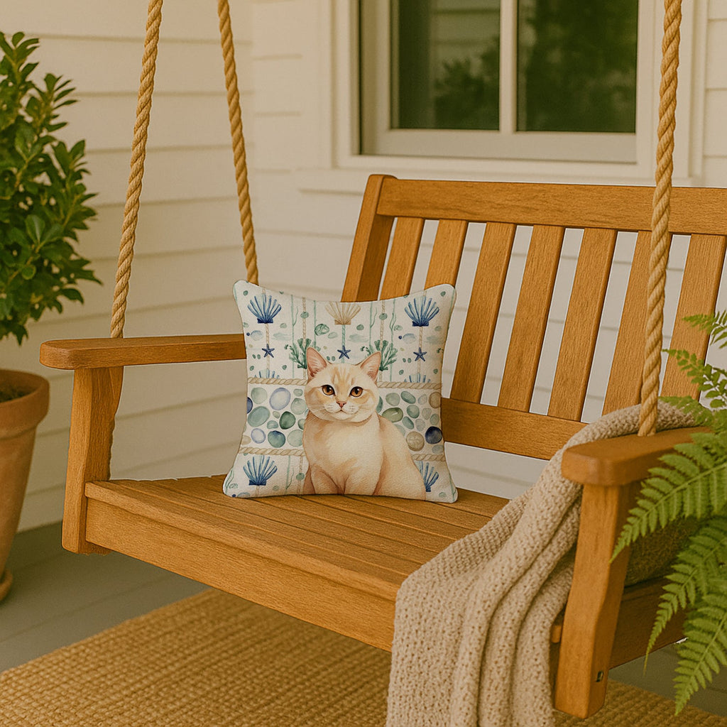Solid Cream Cat Coastal Sea Glass Decorative Throw Pillow 14x14 Indoor Outdoor Accent Cushion, Fabric Cover with Insert for Sofa, Bed, Porch & Living Room
