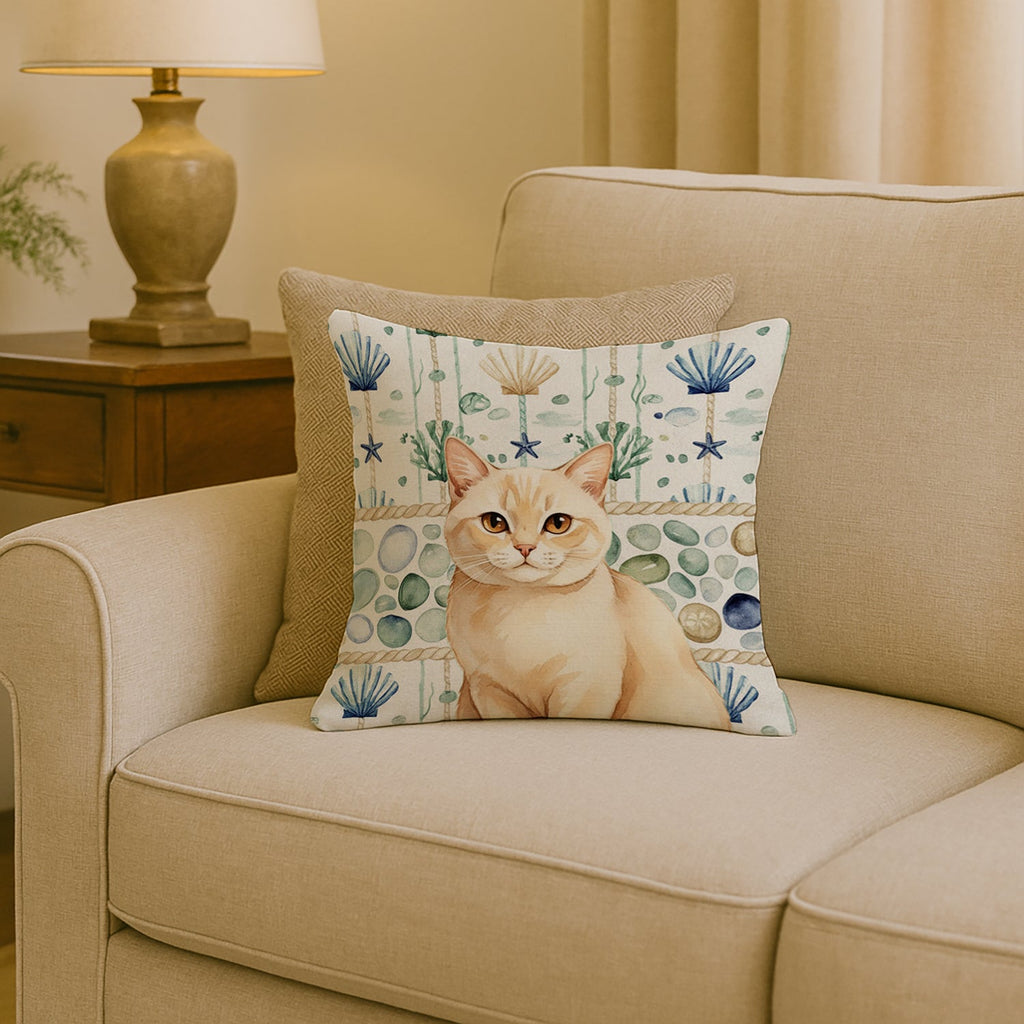 Solid Cream Cat Coastal Sea Glass Decorative Throw Pillow 18x18 Indoor Outdoor Accent Cushion, Fabric Cover with Insert for Sofa, Bed, Porch & Living Room