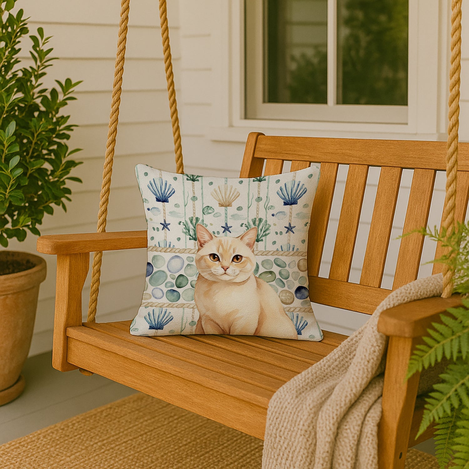 Solid Cream Cat Coastal Sea Glass Decorative Throw Pillow 18x18 Indoor Outdoor Accent Cushion, Fabric Cover with Insert for Sofa, Bed, Porch & Living Room