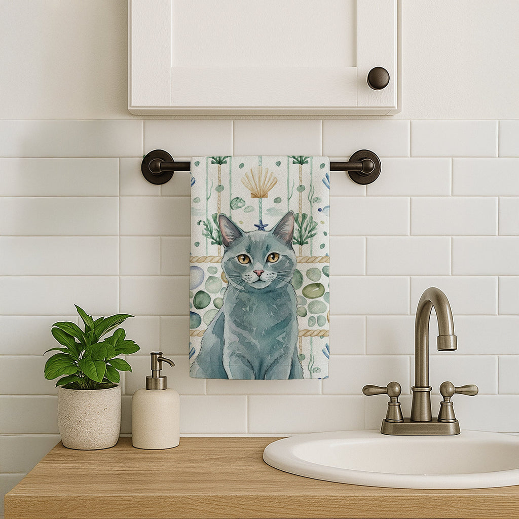 Solid Gray Cat Coastal Sea Glass Kitchen Towel Velour Plush Front and Cotton Loop Back Machine Washable