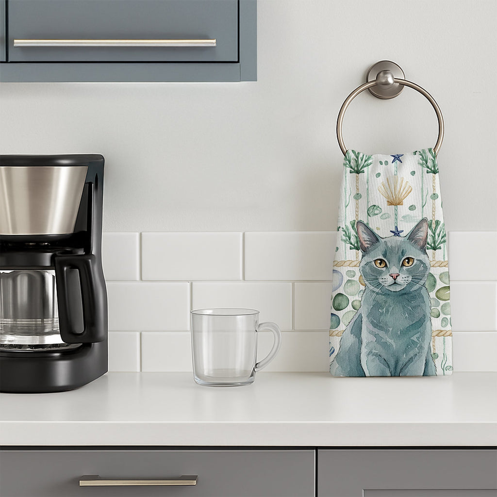 Solid Gray Cat Coastal Sea Glass Kitchen Towel Velour Plush Front and Cotton Loop Back Machine Washable