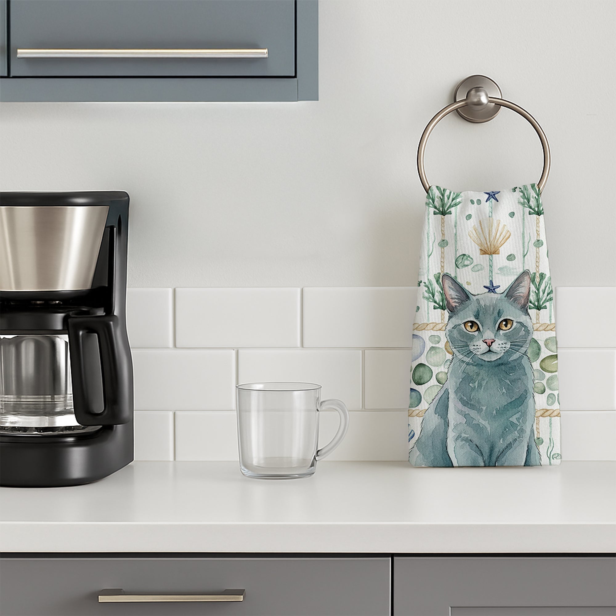 Solid Gray Cat Coastal Sea Glass Kitchen Towel Velour Plush Front and Cotton Loop Back Machine Washable