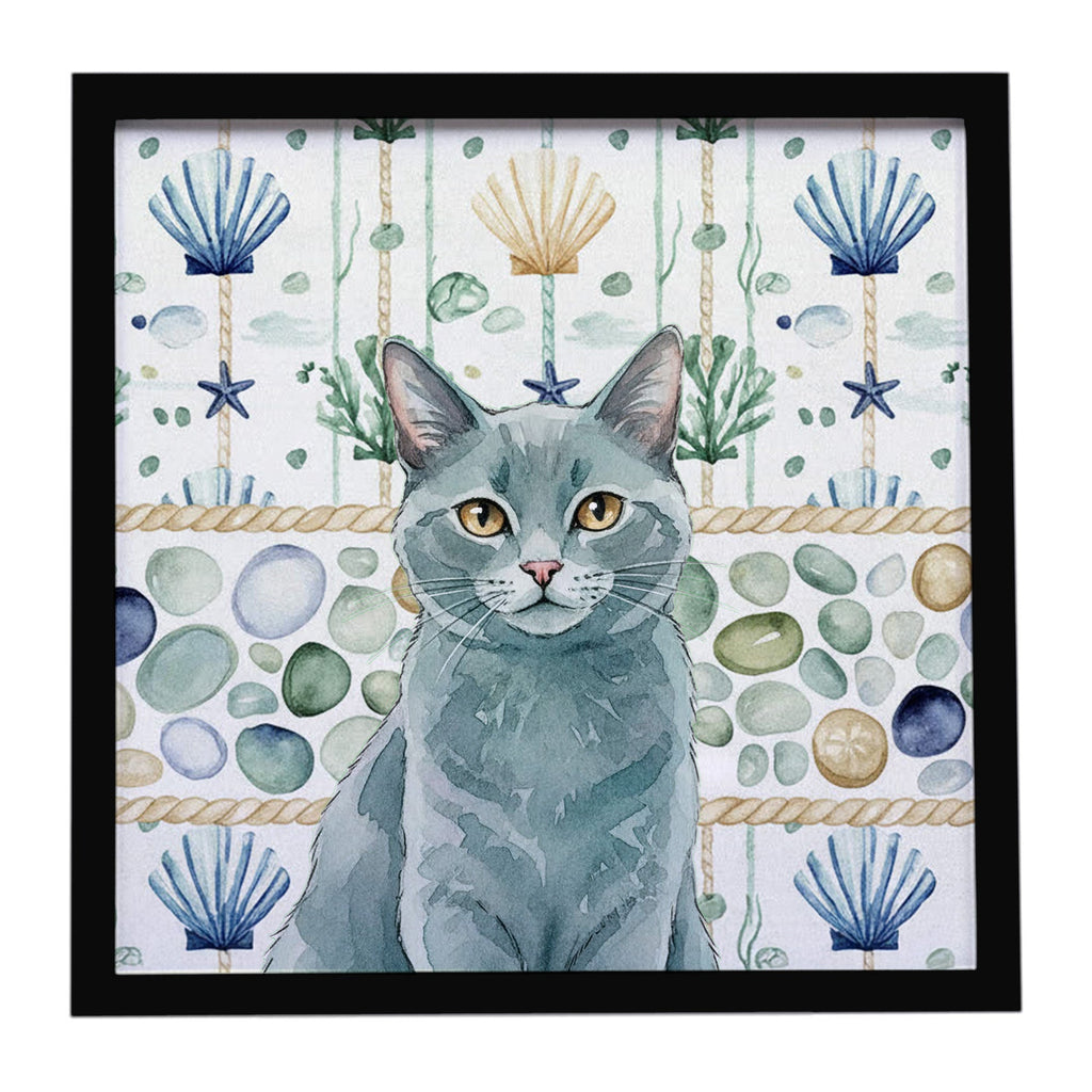 Solid Gray Cat Coastal Sea Glass Framed Metal Print Bathroom, Kitchen, Office, Home Decor Wall Art Ready to Hang, Square, 8X8
