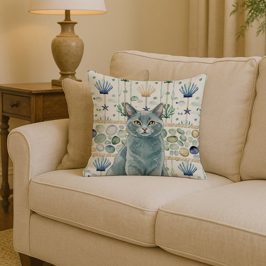 Solid Gray Cat Coastal Sea Glass Decorative Throw Pillow 14x14 Indoor Outdoor Accent Cushion, Fabric Cover with Insert for Sofa, Bed, Porch & Living Room