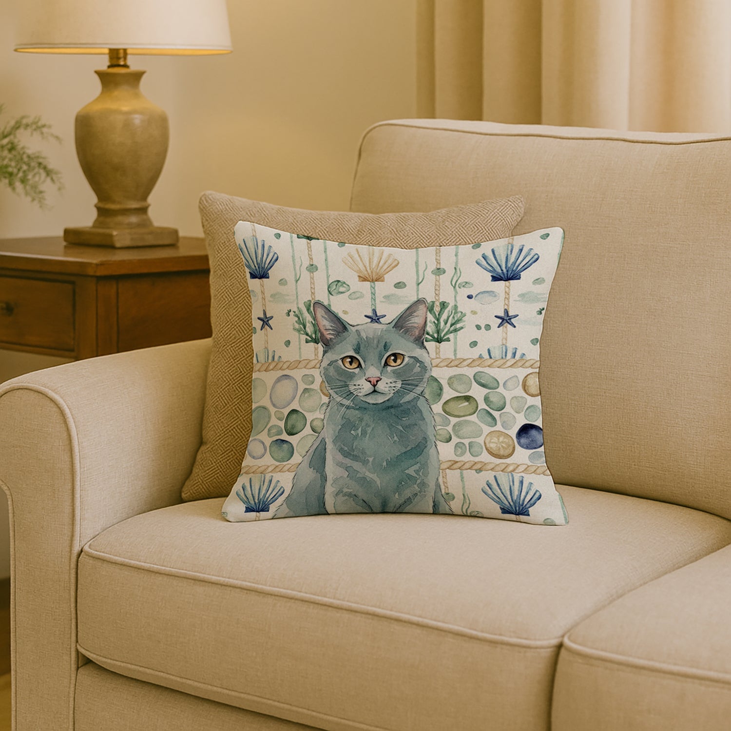 Solid Gray Cat Coastal Sea Glass Decorative Throw Pillow 18x18 Indoor Outdoor Accent Cushion, Fabric Cover with Insert for Sofa, Bed, Porch & Living Room