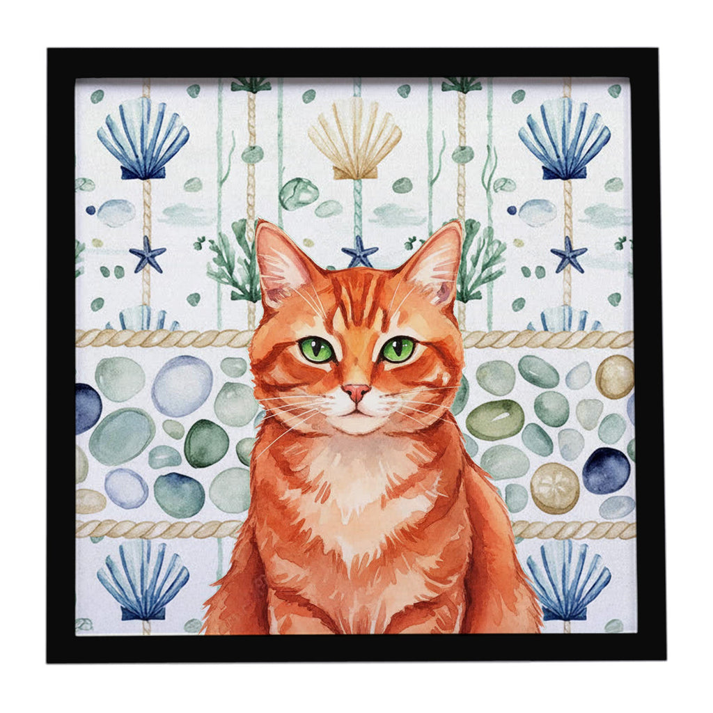 Solid Red Ginger Cat Coastal Sea Glass Framed Metal Print Bathroom, Kitchen, Office, Home Decor Wall Art Ready to Hang, Square, 8X8