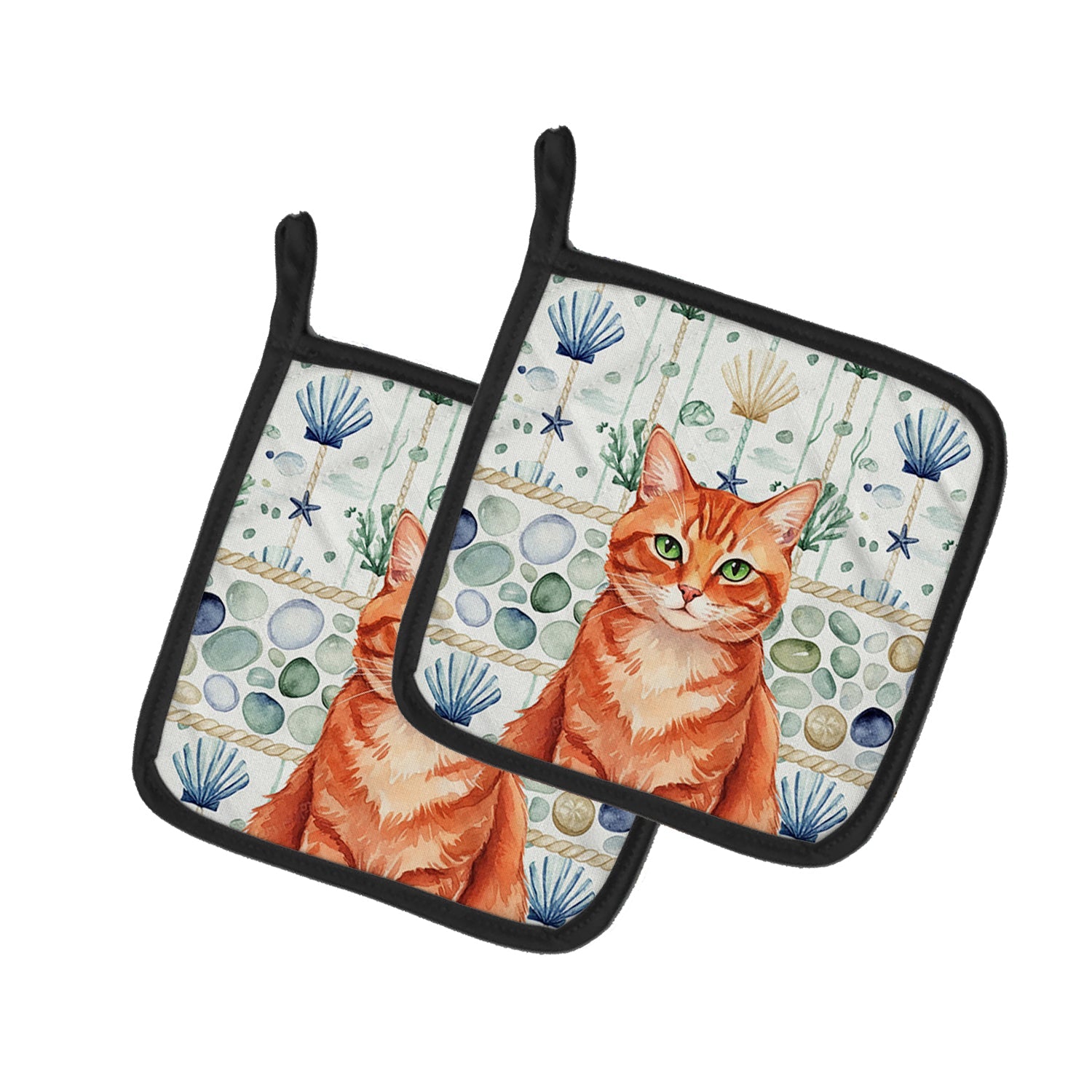 Solid Red Ginger Cat Coastal Sea Glass Pot Holder Set of 2 Heat Resistant Quilted Hot Pads 7.5 x 7.5 Inch, Insulated Kitchen Trivets for Cooking & Baking