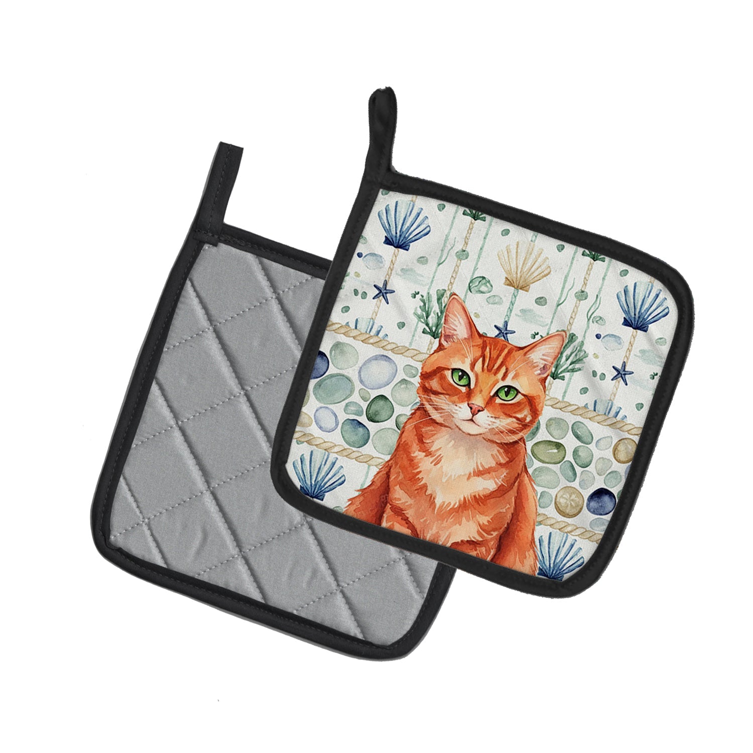 Solid Red Ginger Cat Coastal Sea Glass Pot Holder Set of 2 Heat Resistant Quilted Hot Pads 7.5 x 7.5 Inch, Insulated Kitchen Trivets for Cooking & Baking